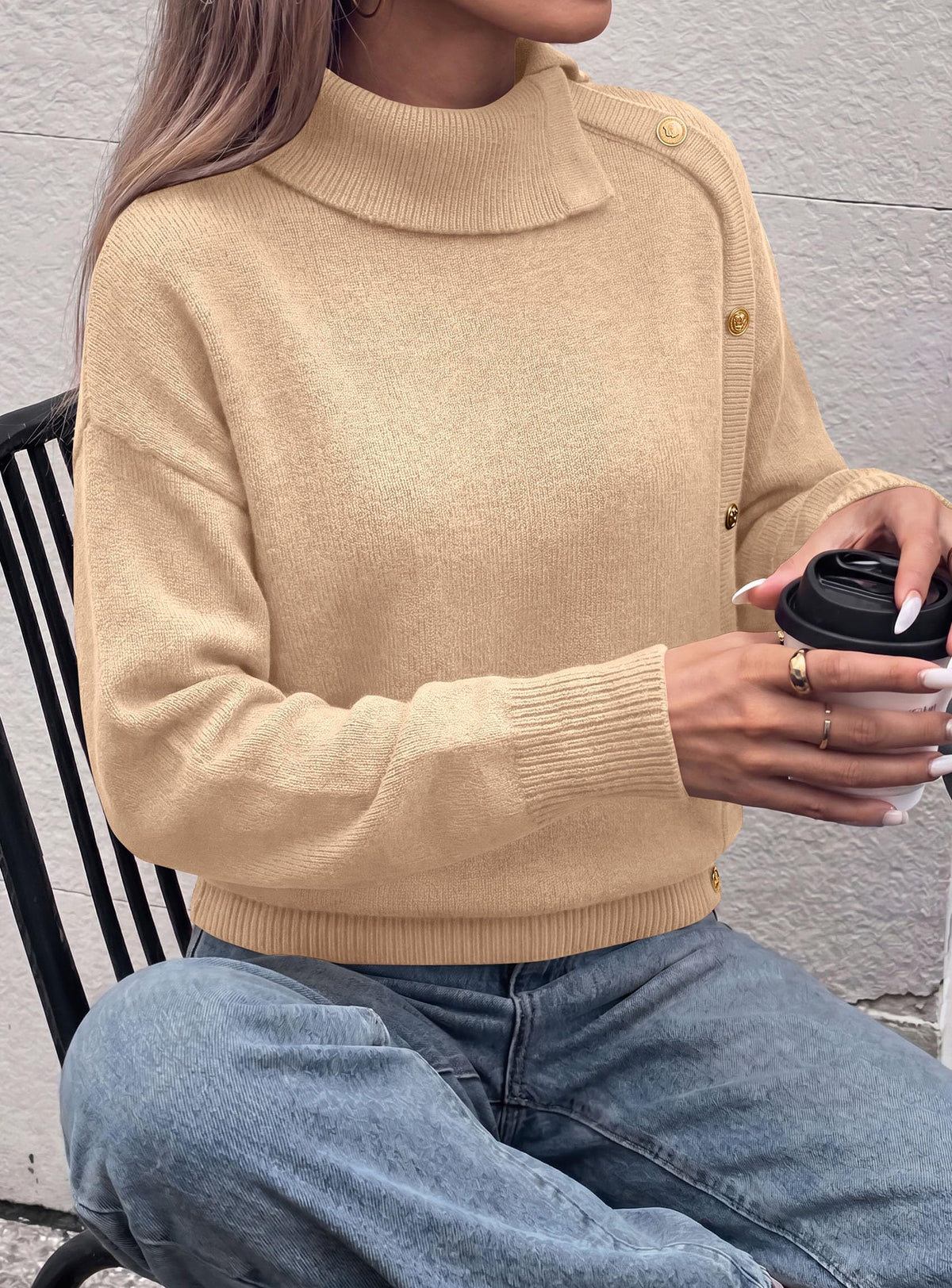 PRETTYGARDEN Womens Turtleneck Sweater Pullover Side Button Fall Clothes Stretchy Knit,Dropped Shoulder,Ribbed Cuffs,Asymmetrical,Jumper Long Sleeve Tops,Work Offices