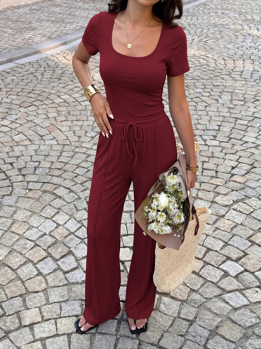 BTFBM Womens Summer 2 Piece Outfits Square Neck Short Sleeve Drawstring Pants Knit Spring Lounge Matching Sets