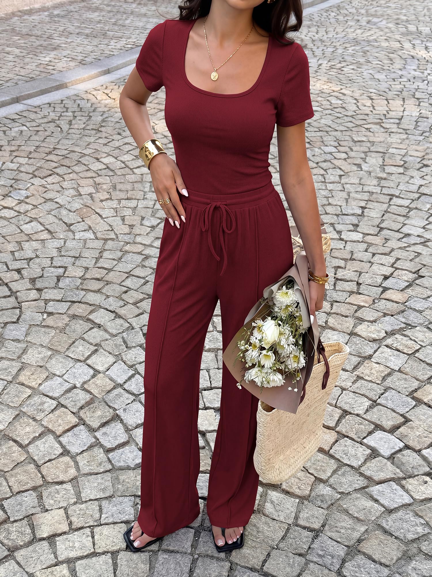 BTFBM Womens Summer 2 Piece Outfits Square Neck Short Sleeve Drawstring Pants Knit Spring Lounge Matching Sets