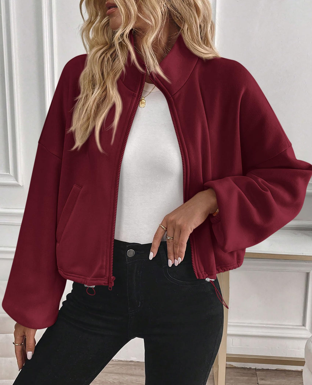 PRETTYGARDEN Womens Zip Up Fleece Cropped Sweatshirt Jacket Oversized Loose Soft Stand Collar with Drawstring Hem, Long Sleeve Casual Coat With Pockets, Fall Outfits Winter Clothing