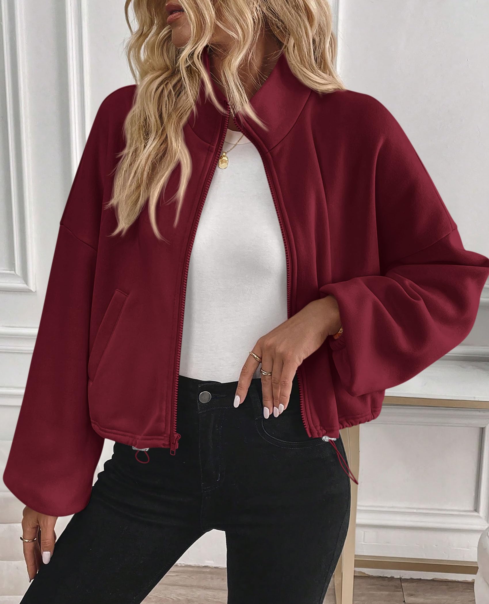 PRETTYGARDEN Womens Zip Up Fleece Cropped Sweatshirt Jacket Oversized Loose Soft Stand Collar with Drawstring Hem, Long Sleeve Casual Coat With Pockets, Fall Outfits Winter Clothing