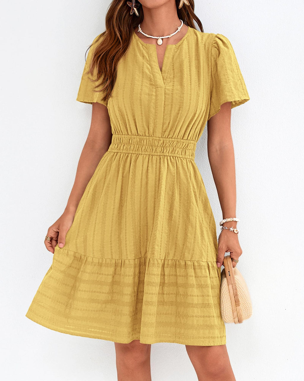 BTFBM Womens Spring  Casual Mini Dresses Lightweight Short Sleeve V Neck Elastic Waist Cute Boho Beach Dress Pockets
