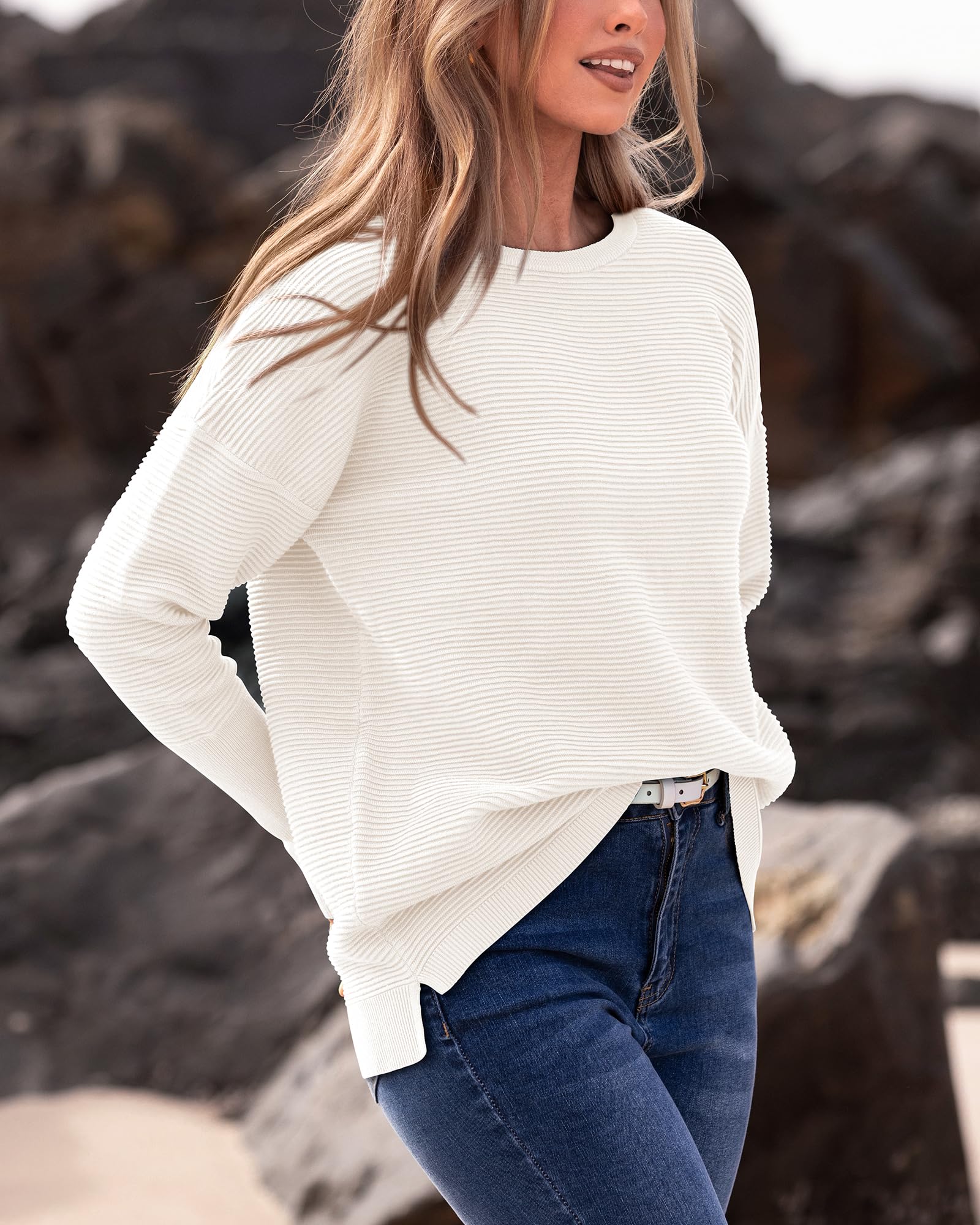 FreshPrettyFall Sweaters for Women Casual Long Sleeve Sweater Striped Loose Fit Pullover Tops