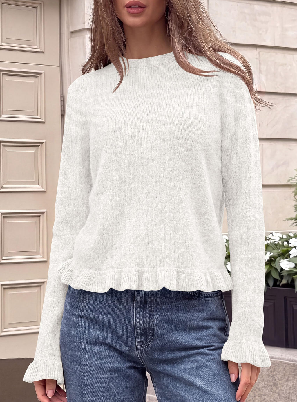 PRETTYGARDEN Women's Ruffle Sweaters Fall Fashion Cozy Knit Pullover Soft Stretchy, Crewneck Long Sleeve, Cute Peplum Tops, Dressy Casual Blouses, Going Out Holiday, Trendy Winter Outfits