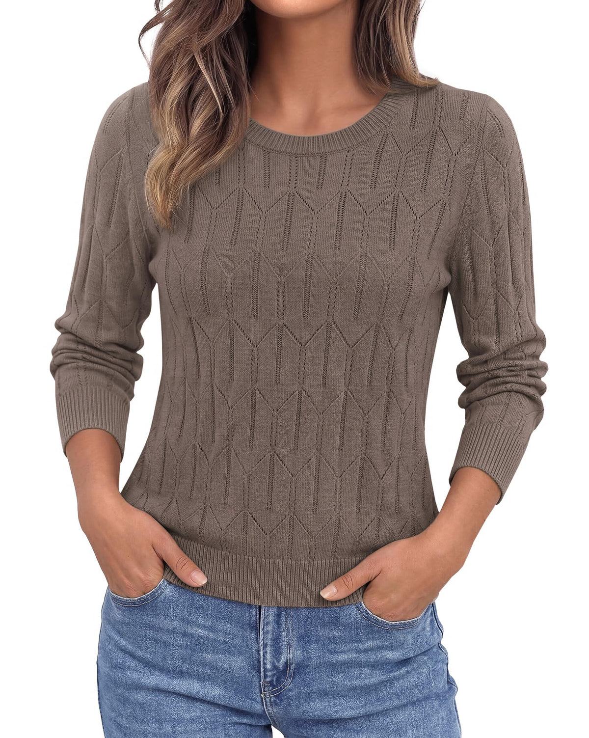 BTFBM Womens Sweaters Long Sleeve Crewneck Pullover Tops Dressy Casual Lightweight Knit Sweater,Small Hollow Out Boho Shirts, Fall Fashion,Winter Layer Basic Clothes,Business Casual Outfits