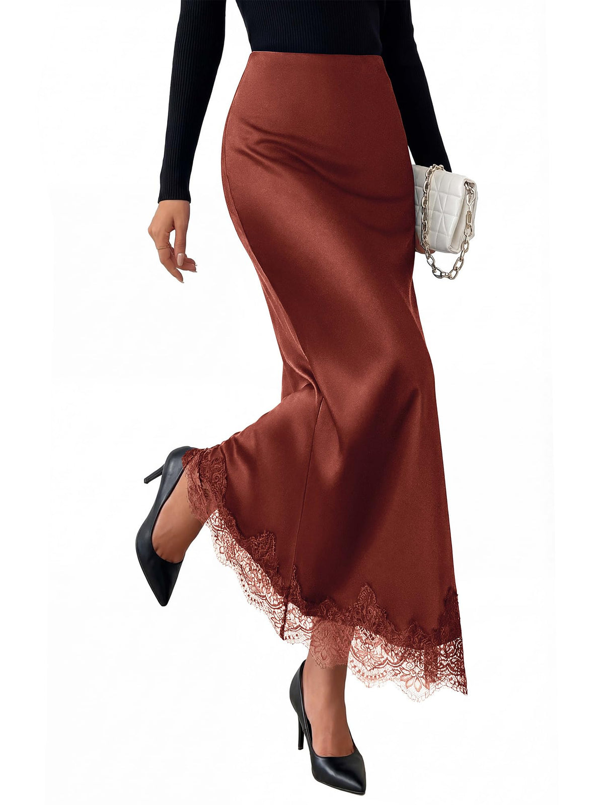 BTFBM Lace Trim Satin Skirts for Women Elegant | Lightweight, High Waist, A-Line, Flowy Maxi Skirt, Wedding, Cocktail, Graduation, Holiday Outfits, Fall Fashion Clothing
