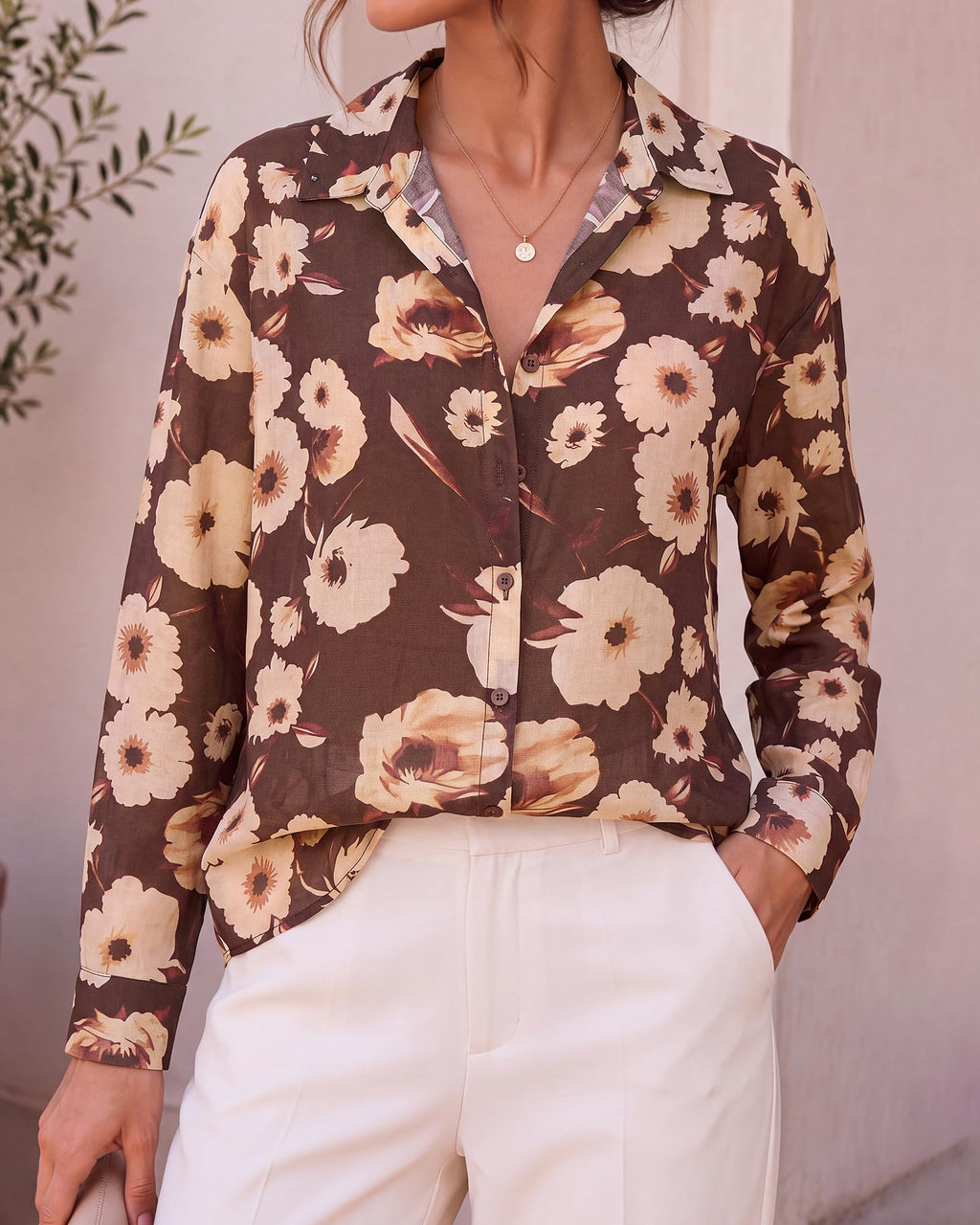 BTFBM Womens Blouses Dressy Casual Floral Long Sleeve Shirts Polka Dot Tops Classic Lapel Collar,Button Cuffs,V Neck Button Down Shirt,Business Casual Outfits,Early Fall Fashion Clothing Trendy