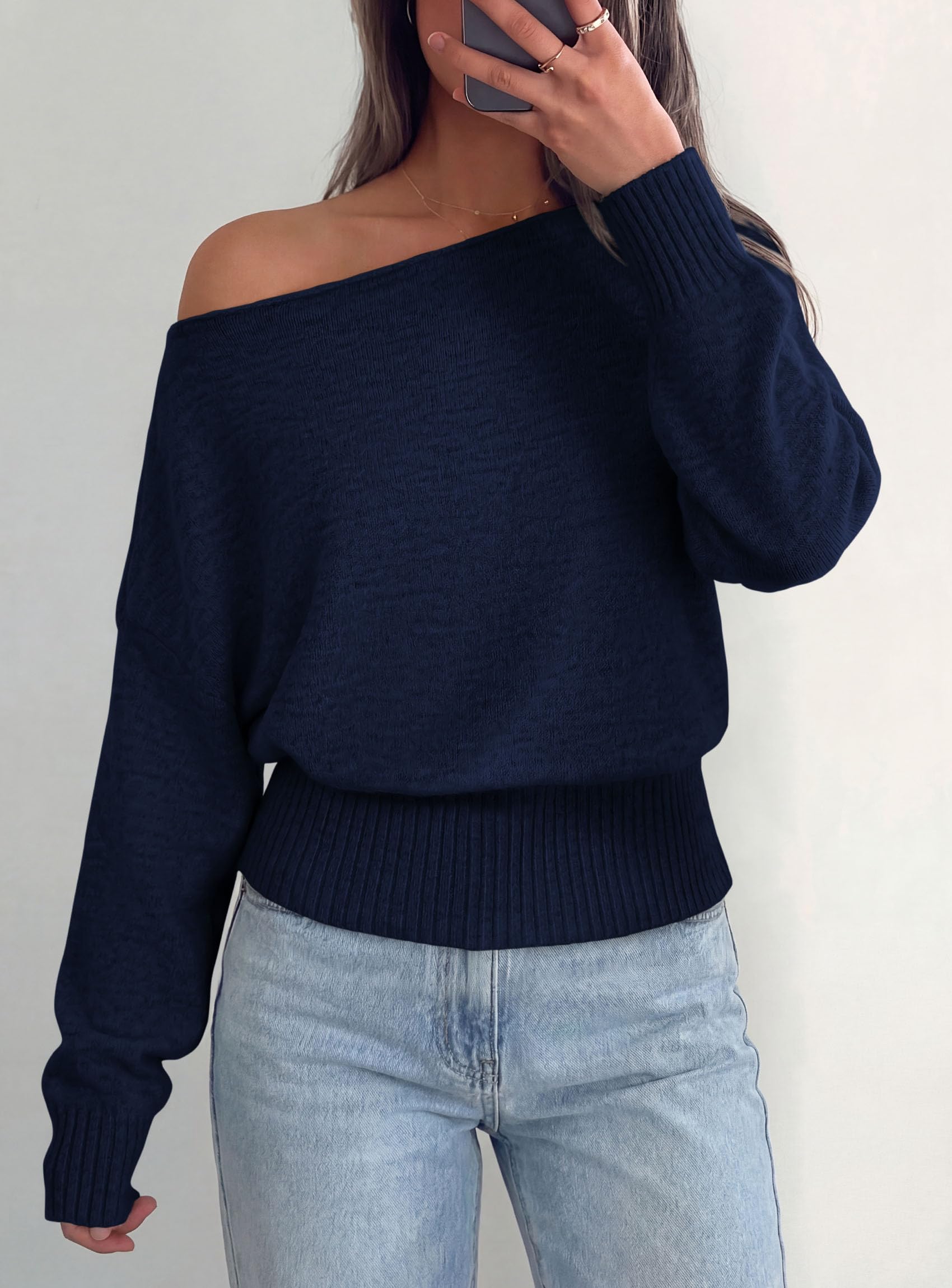 PRETTYGARDEN Womens Off The Shoulder Sweater Fall Fashion Soft Stretchy Knit Fabric, Batwing Long Sleeve Cinched Waist Cropped Sweaters, Date Night Outfit, Asymmetrical Going Out Tops