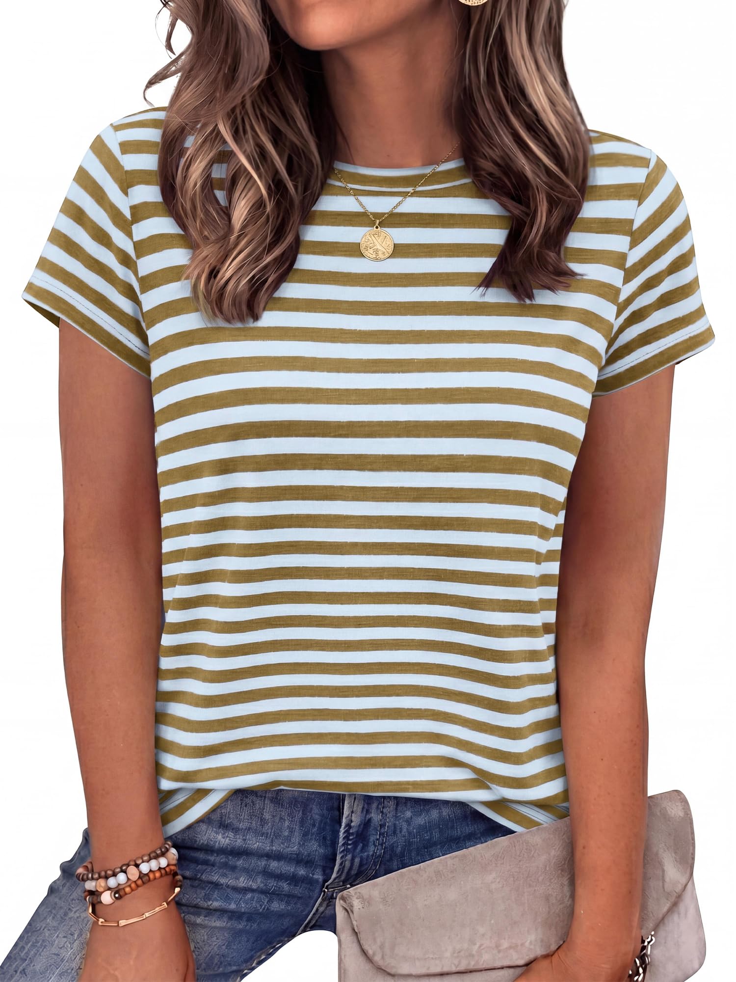 BTFBM Tops for Women Trendy Summer Crew Neck Short Sleeve T Shirts Striped Casual Vacation Blouse Basic Tee