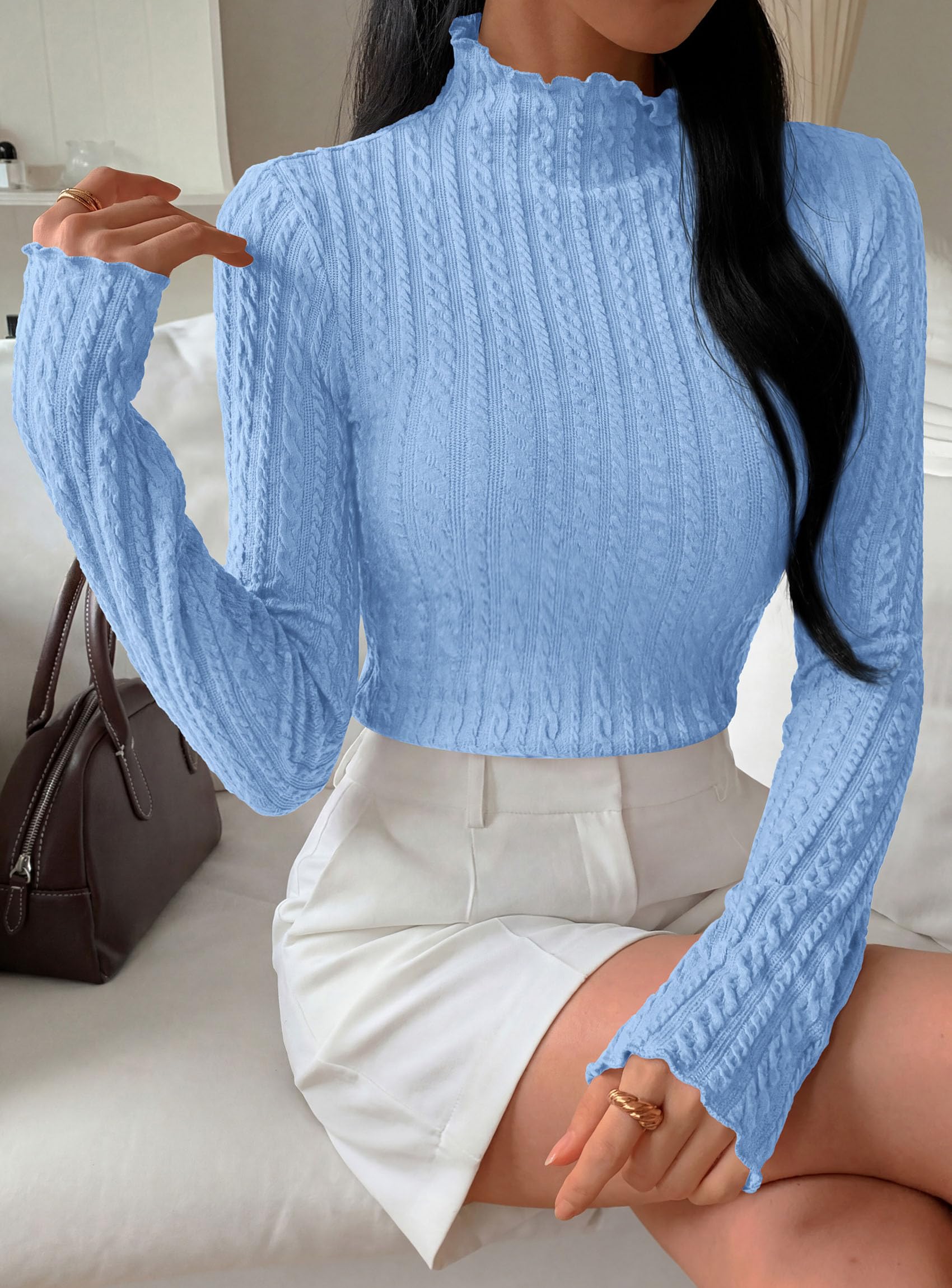PRETTYGARDEN Women's Fall Long Sleeve Fitted Shirts | Comfy Stretchy Cable Knit, Trendy Lettuce Trim Mock Neck, Casual Basic Tees, Cute Layering Tops, 2026 Fashion Clothing