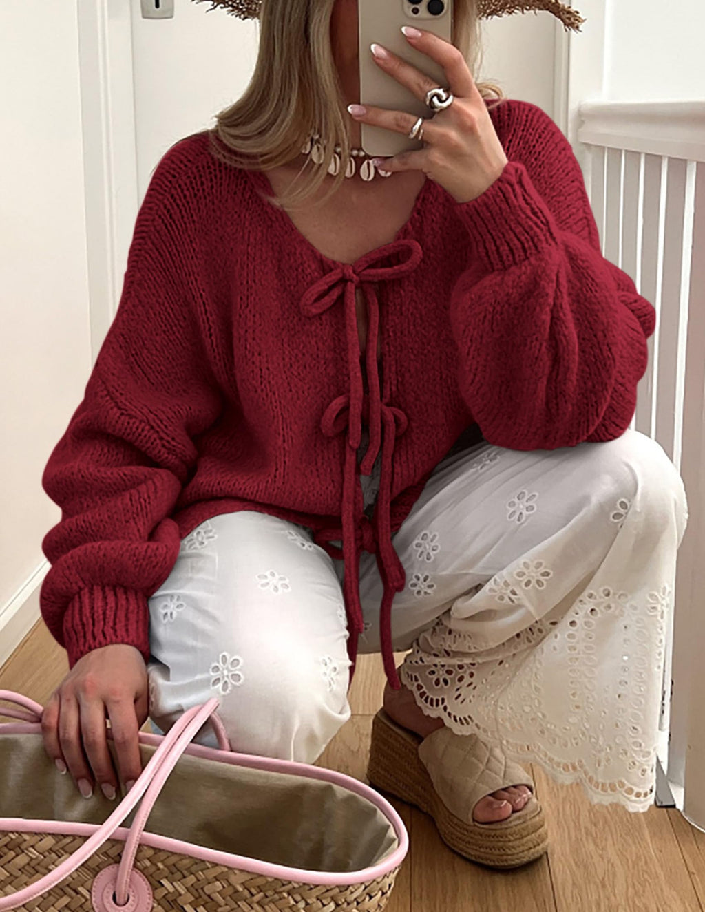 PRETTYGARDEN Women's Tie Front Bow Cardigan Sweaters Chunky Knit Long Puff Sleeve Trendy Fall Winter Jacket Coat