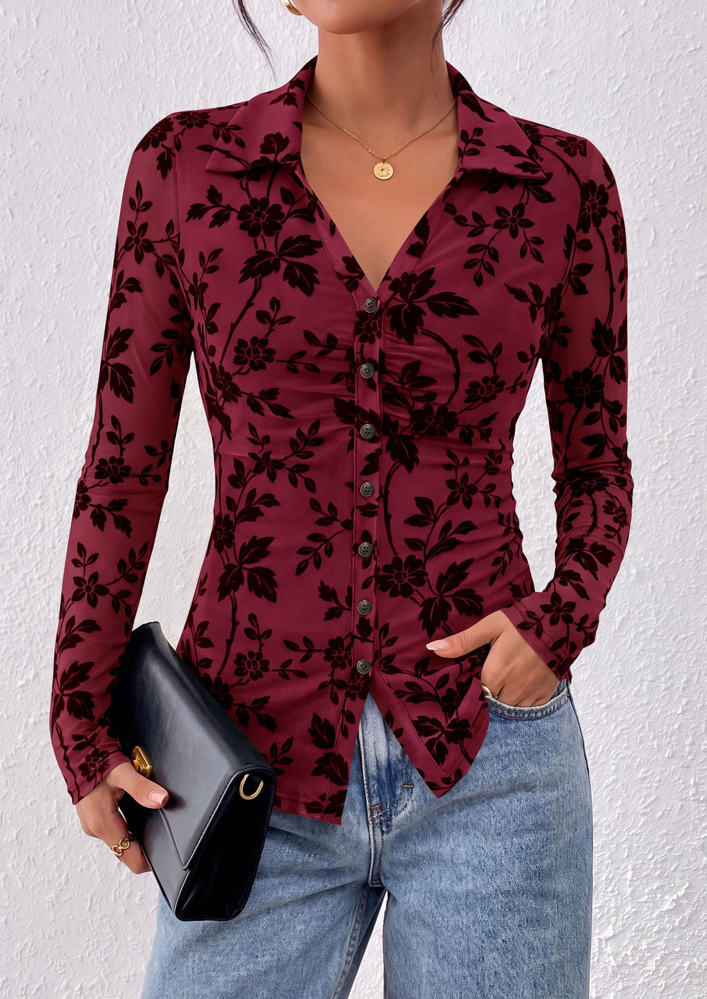 PRETTYGARDEN Women's Long Sleeve Floral Mesh Boho Tops Button Down Shirts Fall Blouses Dressy, Ruched Slim Fit, Collared V Neck, Trendy Going Out Date Night Outfit, Elegant Casual Work Office Clothes