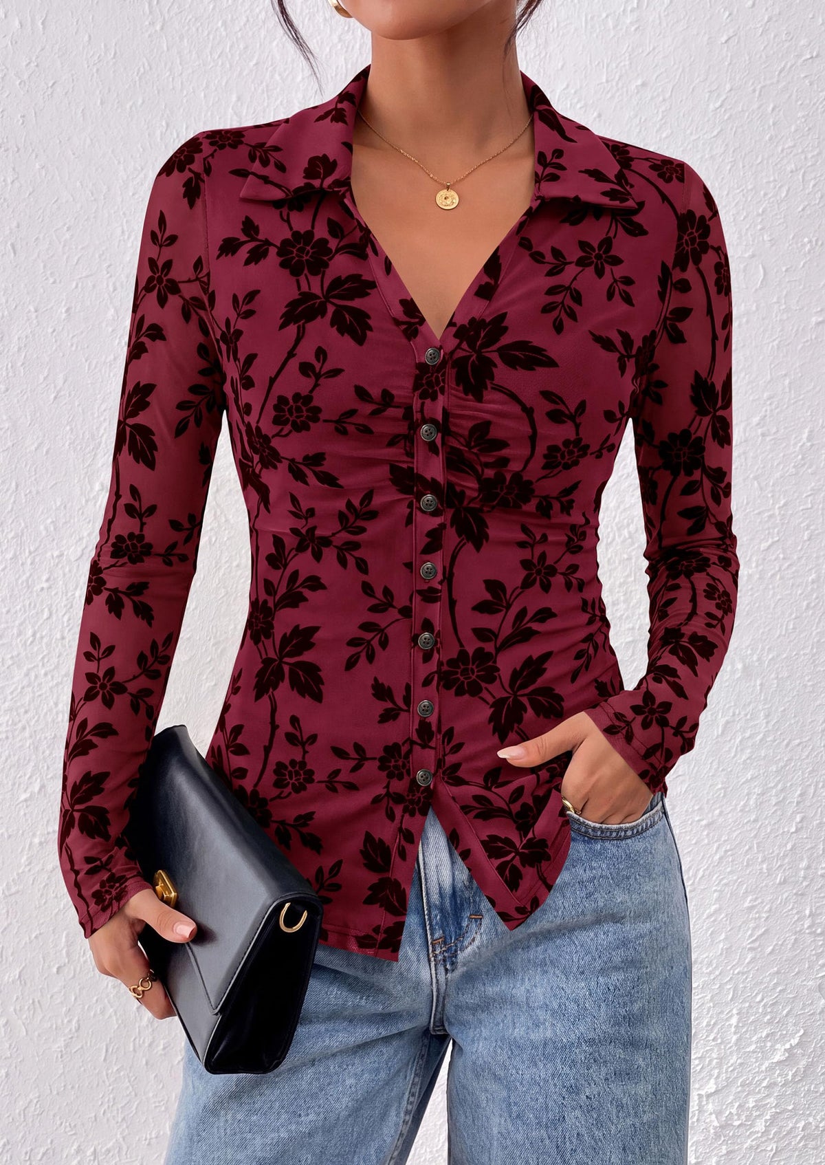 PRETTYGARDEN Women's Long Sleeve Floral Mesh Boho Tops Button Down Shirts Fall Blouses Dressy, Ruched Slim Fit, Collared V Neck, Trendy Going Out Date Night Outfit, Elegant Casual Work Office Clothes