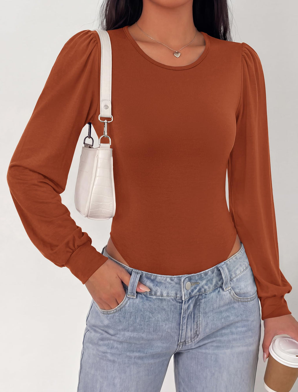 BTFBM Long Puff Sleeve Bodysuits for Women | Crew Neck 2 Snap Crotch Thong Shapewear,Stretchy Knit Leotards,Casual Y2K Going Out Tops,Winter Layer,Fall Fashion Clothing