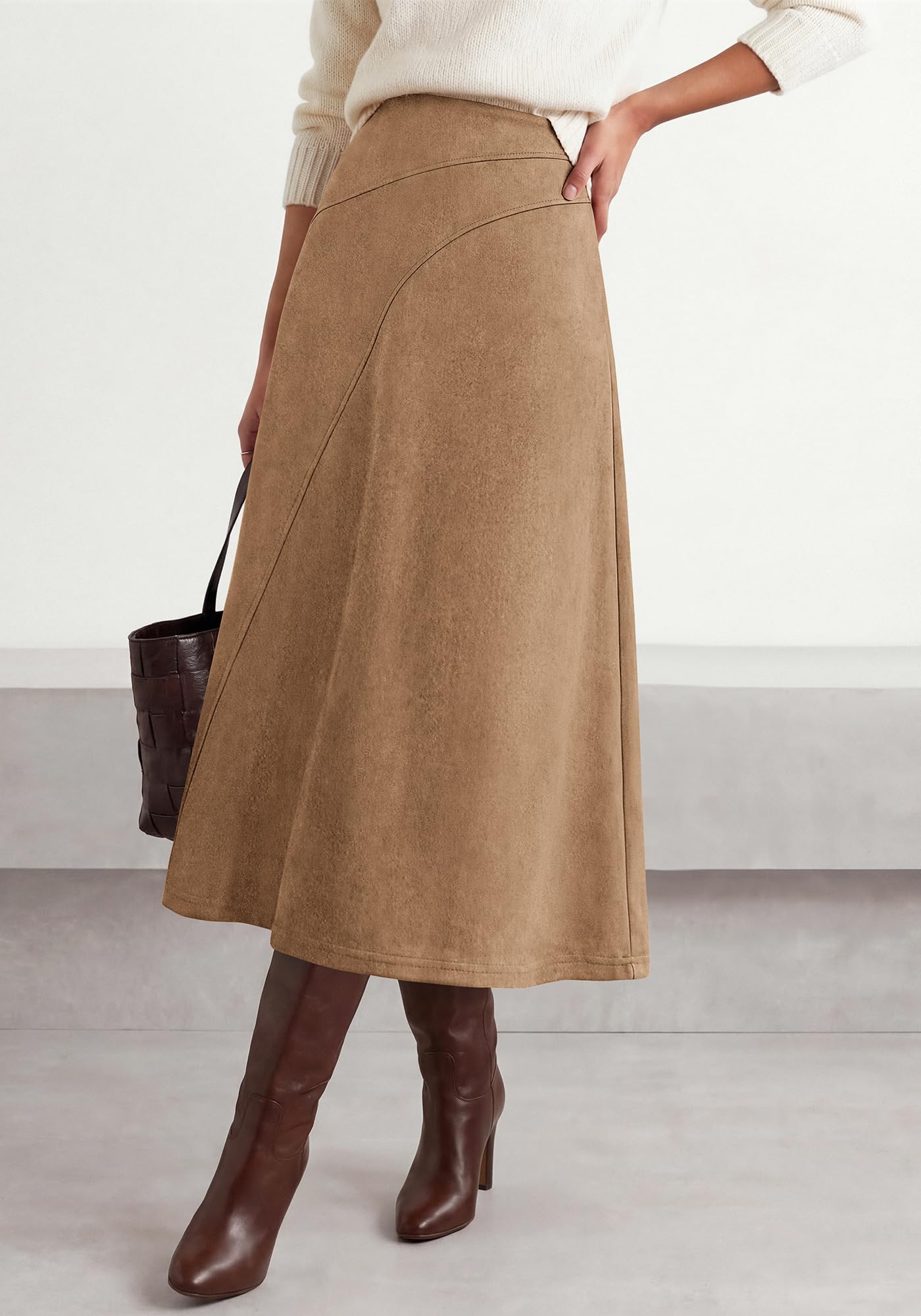 BTFBM Women Faux Suede Midi Long Skirt Fall Fashion | High Waisted Skirts For Women Trendy, Lightweight, Back Elastic, Arc Line Design, A-Line, Winter Dress, Boho Western Outfits