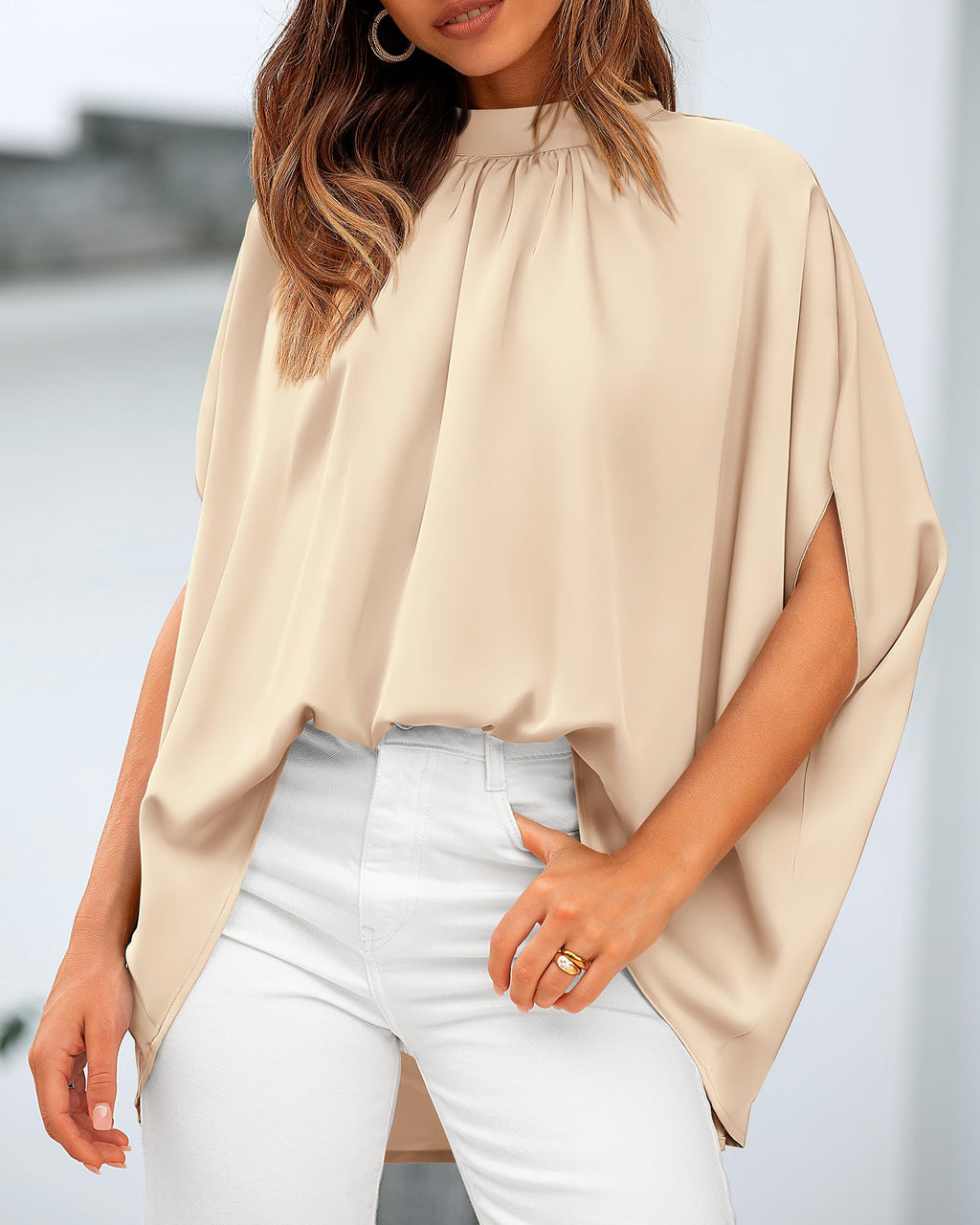 BTFBM Womens Summer Tops Mock Neck Batwing Sleeve Silk Satin Shirts Loose Oversized Dressy Casual Spring Blouses