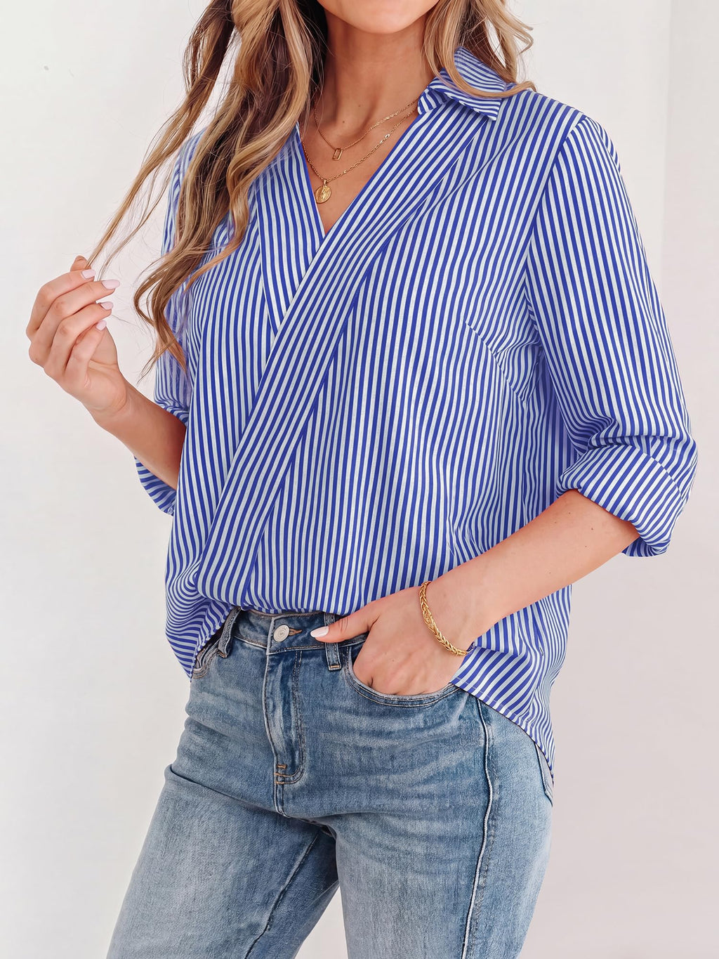 FreshPretty Striped Fall Outfits V Neck Dressy Women Tops Cute Clothes,Trendy Womens T Shirts,Long Sleeve Working Collar Business Casual Fashion Clothing For Office Work Women's Blouses