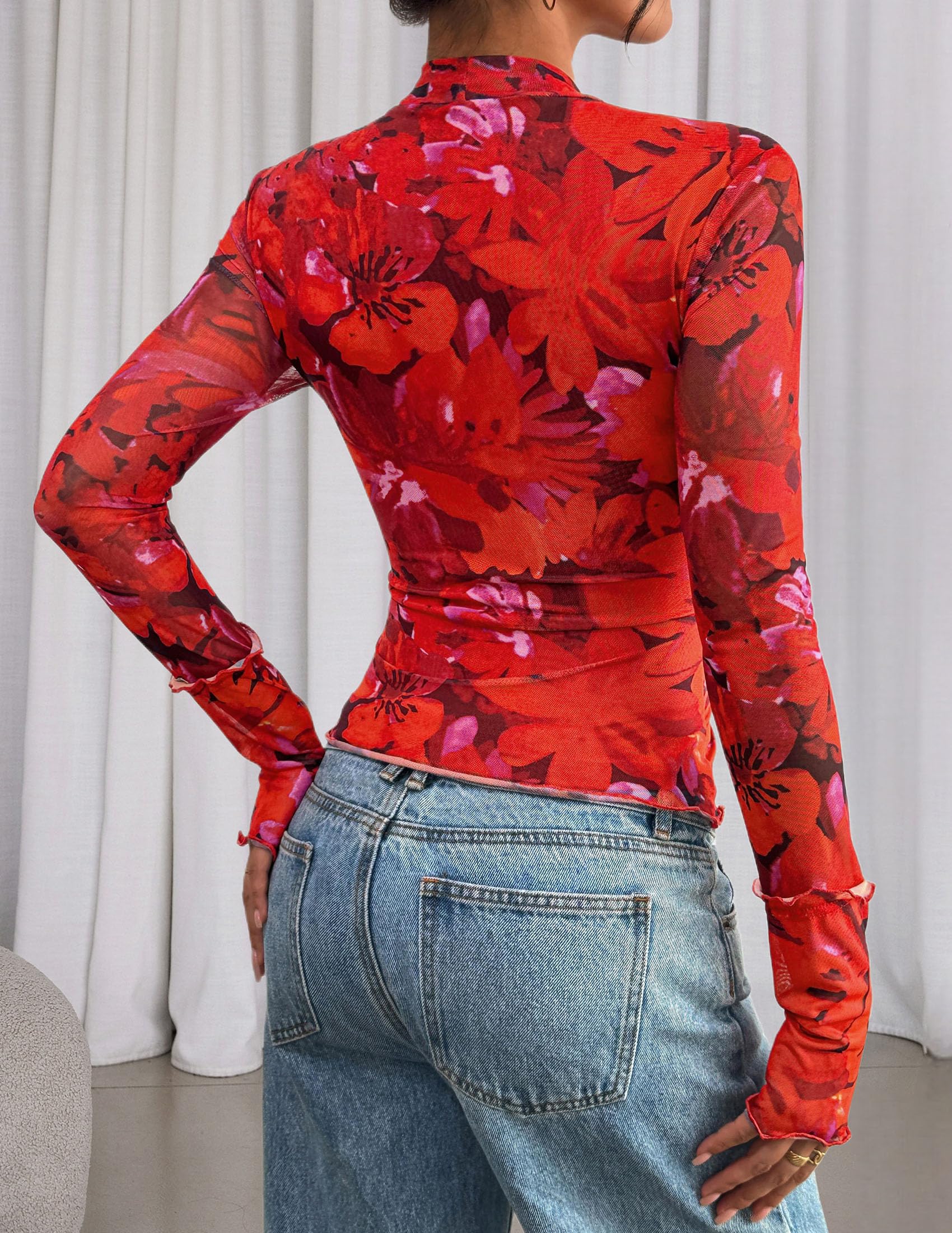 PRETTYGARDEN Womens Fall Mesh Floral Blouses Long Sleeve Going Out Tops Slim Fitted Shirts Date Night Outfits