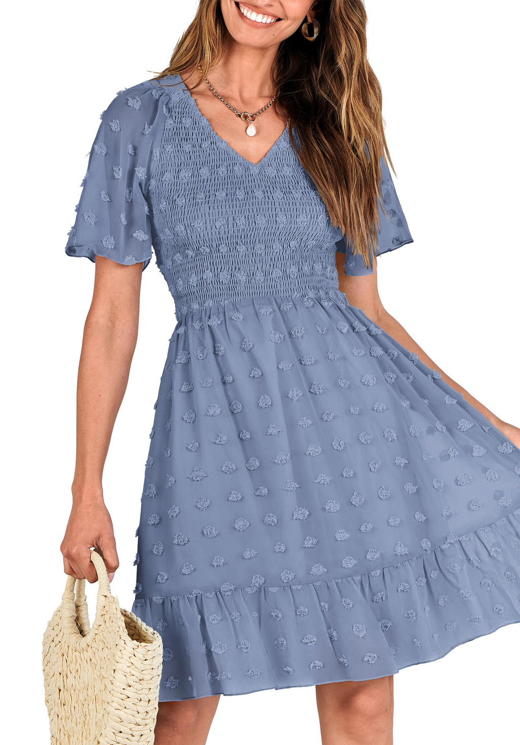 FreshPretty Womens Beach Vacation Dress Summer V Neck Short Sleeve Smocked Swiss Dot Cute Ruffle Casual Fall Mini Dresses