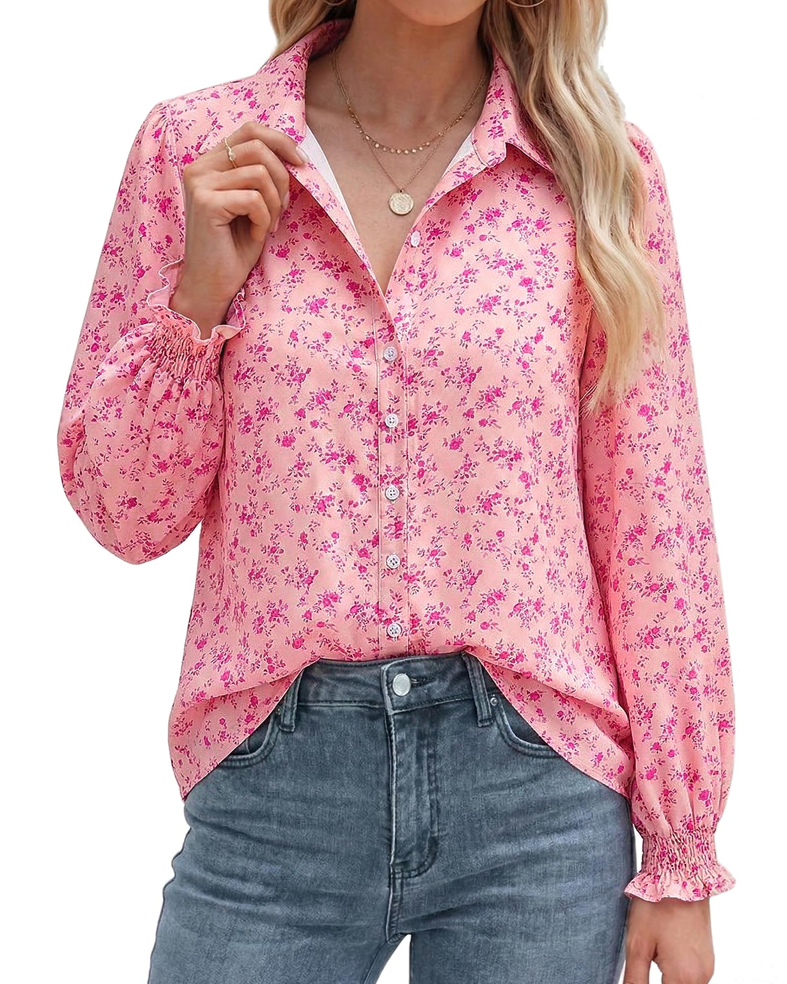 BTFBM Long Sleeve Blouses for Women, Floral V Neck Button Down Shirts, Smocked Cuffs, Business Casual Summer Outfits