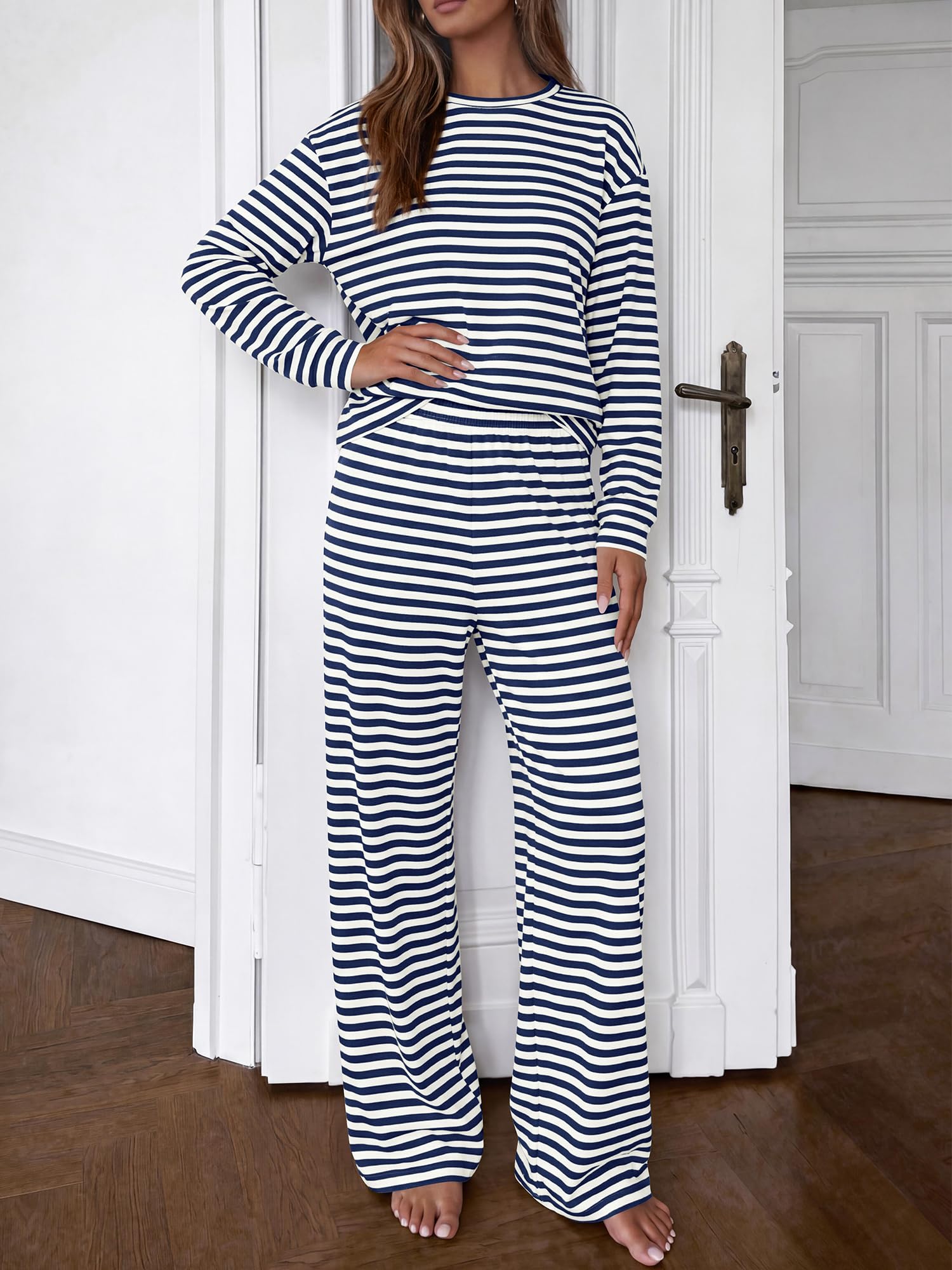 BTFBM Striped Lounge Set Sweatsuits Women 2 Piece Outfit | Womens Pajama Sets, Crew Neck Sweatshirt and Wide Leg Pants, Pockets, Airport, Travel, Vacation Outfits, Fall Winter Clothes
