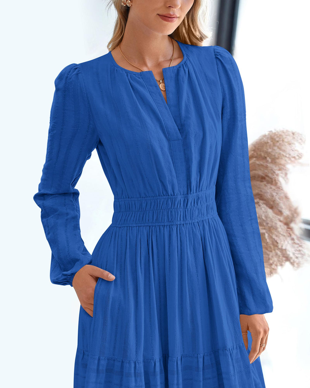 BTFBM Spring Dresses for Women 2026 Casual Long Sleeve V Neck Elastic Waist Lightweight Maxi Wedding Guest Dress Pockets