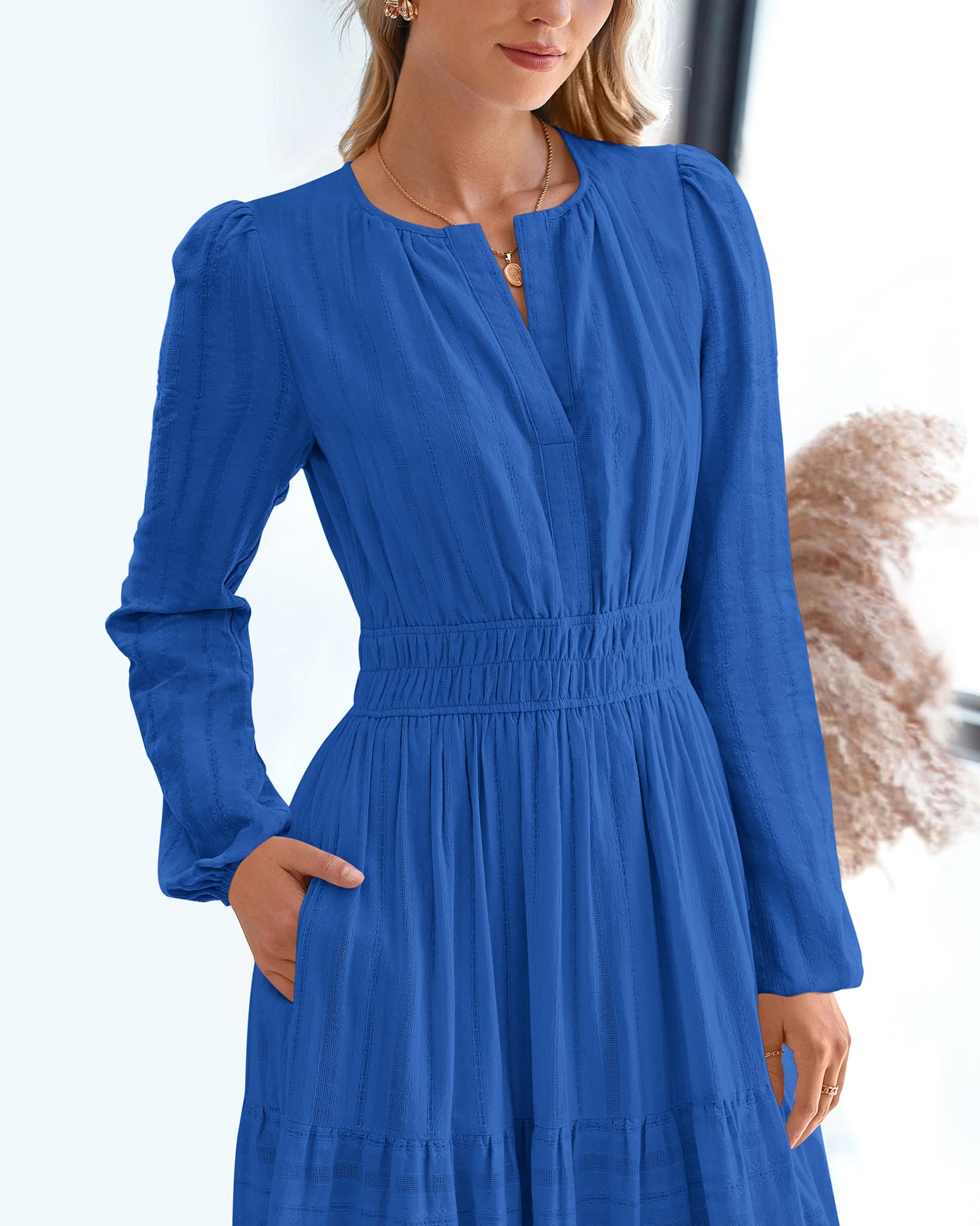 BTFBM Spring Dresses for Women 2026 Casual Long Sleeve V Neck Elastic Waist Lightweight Maxi Wedding Guest Dress Pockets