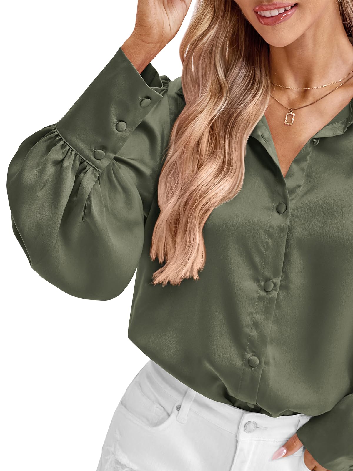 BTFBM Women Satin Blouses Summer Fall Clothes Button Down Lantern Long Sleeve Shirts Work Business Casual Dressy Tops
