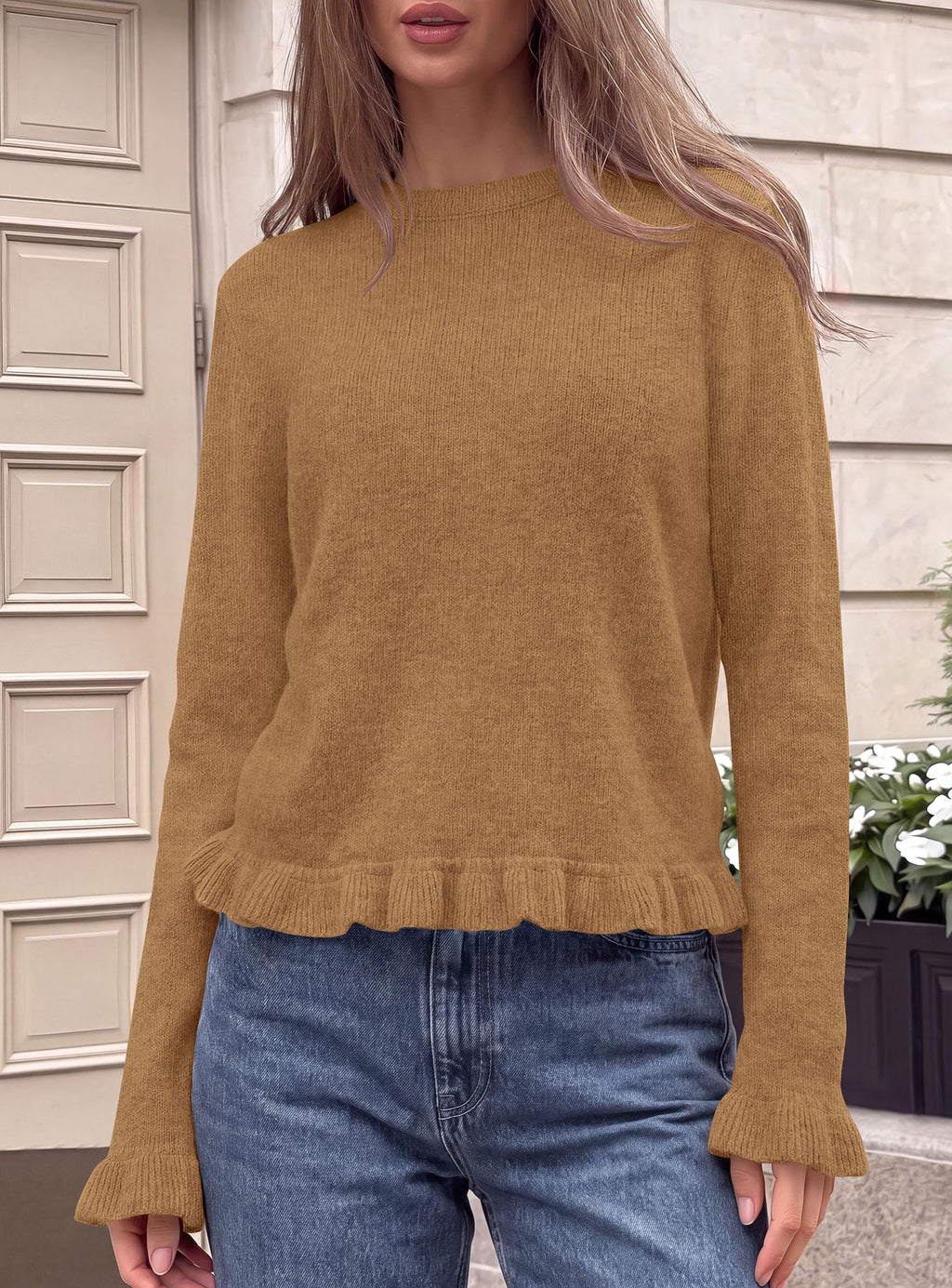 PRETTYGARDEN Women's Ruffle Sweaters Fall Fashion Cozy Knit Pullover Soft Stretchy, Crewneck Long Sleeve, Cute Peplum Tops, Dressy Casual Blouses, Going Out Holiday, Trendy Winter Outfits