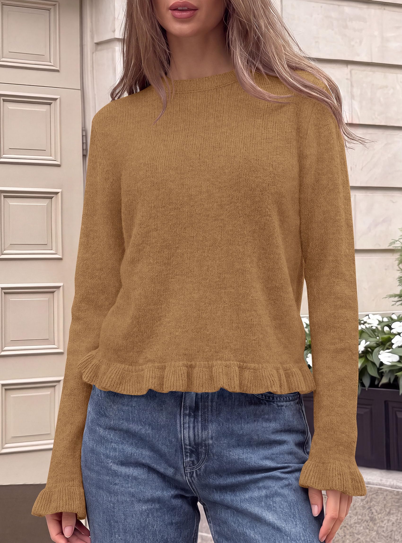PRETTYGARDEN Women's Ruffle Sweaters Fall Fashion Cozy Knit Pullover Soft Stretchy, Crewneck Long Sleeve, Cute Peplum Tops, Dressy Casual Blouses, Going Out Holiday, Trendy Winter Outfits