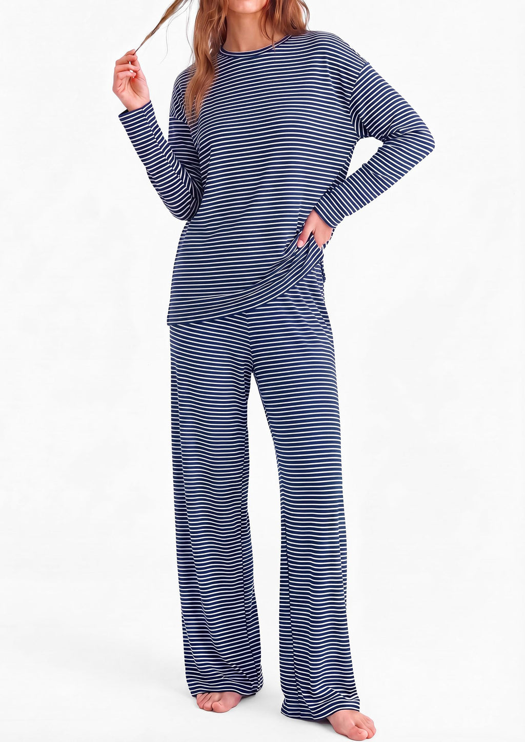 PRETTYGARDEN Womens Striped Lounge Set Fall Winter 2 Piece Sets Side Slit Long Sleeve T-Shirts & Wide Leg Pants, Matching Pajama Sets, Comfy Pj Set, Loungewear with Pockets, Fashion Clothes