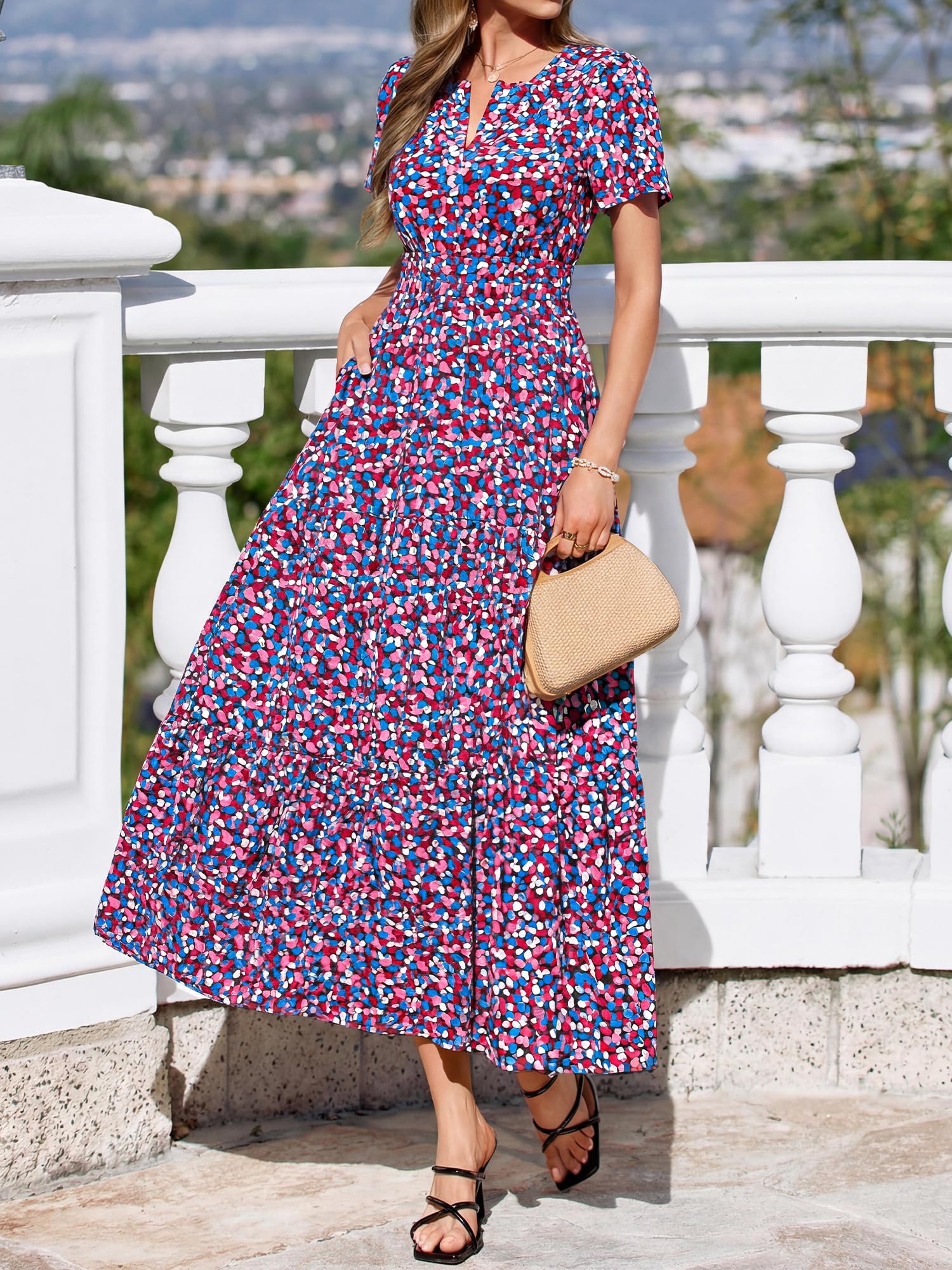 BTFBM Womens Summer Floral Maxi Dresses V Neck Short Sleeve Boho Casual Flowy Long Wedding Guest Dress Beach Vacation