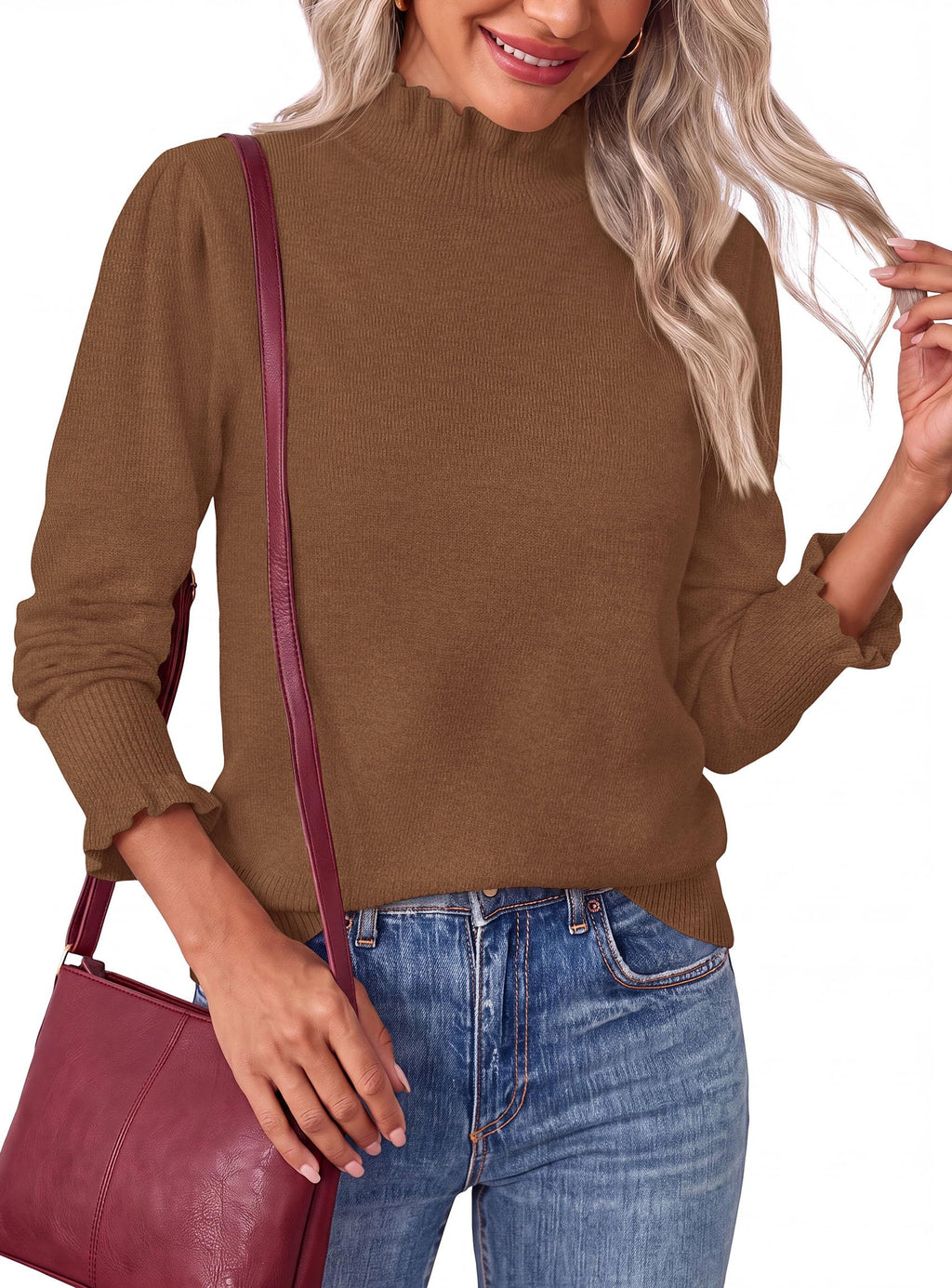 PRETTYGARDEN Women's Fall Cozy Sweaters Trendy Ruffle Mock Neck Pullover Soft Stretchy Warm, Ribbed Knit, Cute Tops, Puff Long Sleeve Blouses, Dressy Casual Shirts,Winter Clothing
