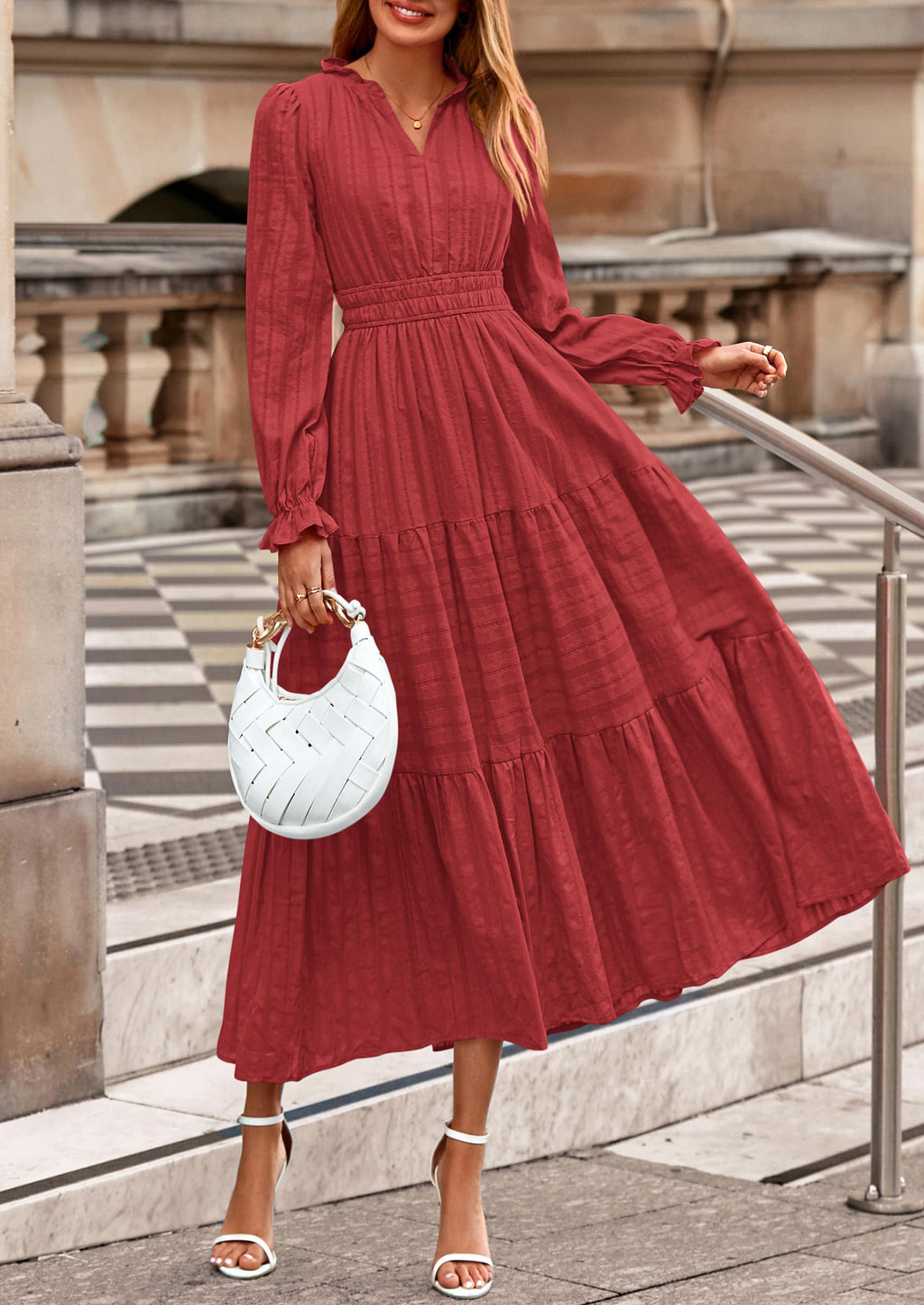 PRETTYGARDEN Women's Fall Wedding Guest Dresses Long Sleeve V Neck Flowy Elegant Holiday Party Maxi Dress with Pockets