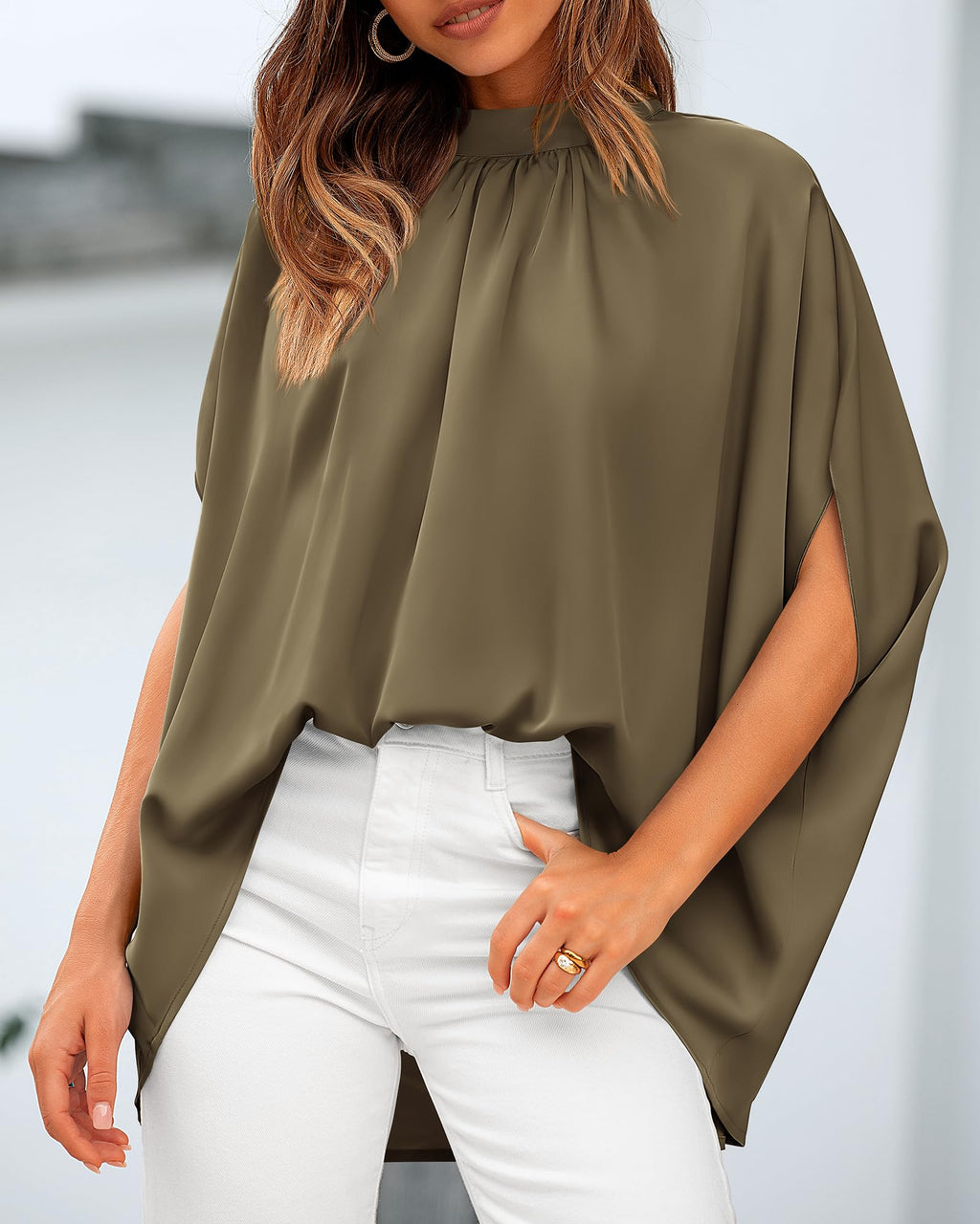 BTFBM Womens Summer Tops Mock Neck Batwing Sleeve Silk Satin Shirts Loose Oversized Dressy Casual Spring Blouses