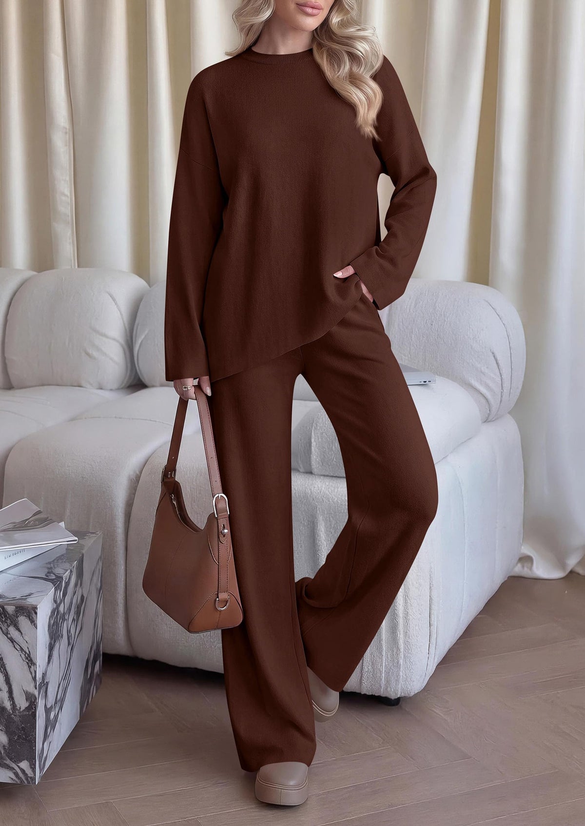 PRETTYGARDEN Womens Fall 2 Piece Asymmetric Cozy Sweater Travel Lounge Sets Crewneck Drop Shoulder Tops, Wide Leg Pants, Soft Casual Knit Matching Set,Vacation Airport Holiday Outfits