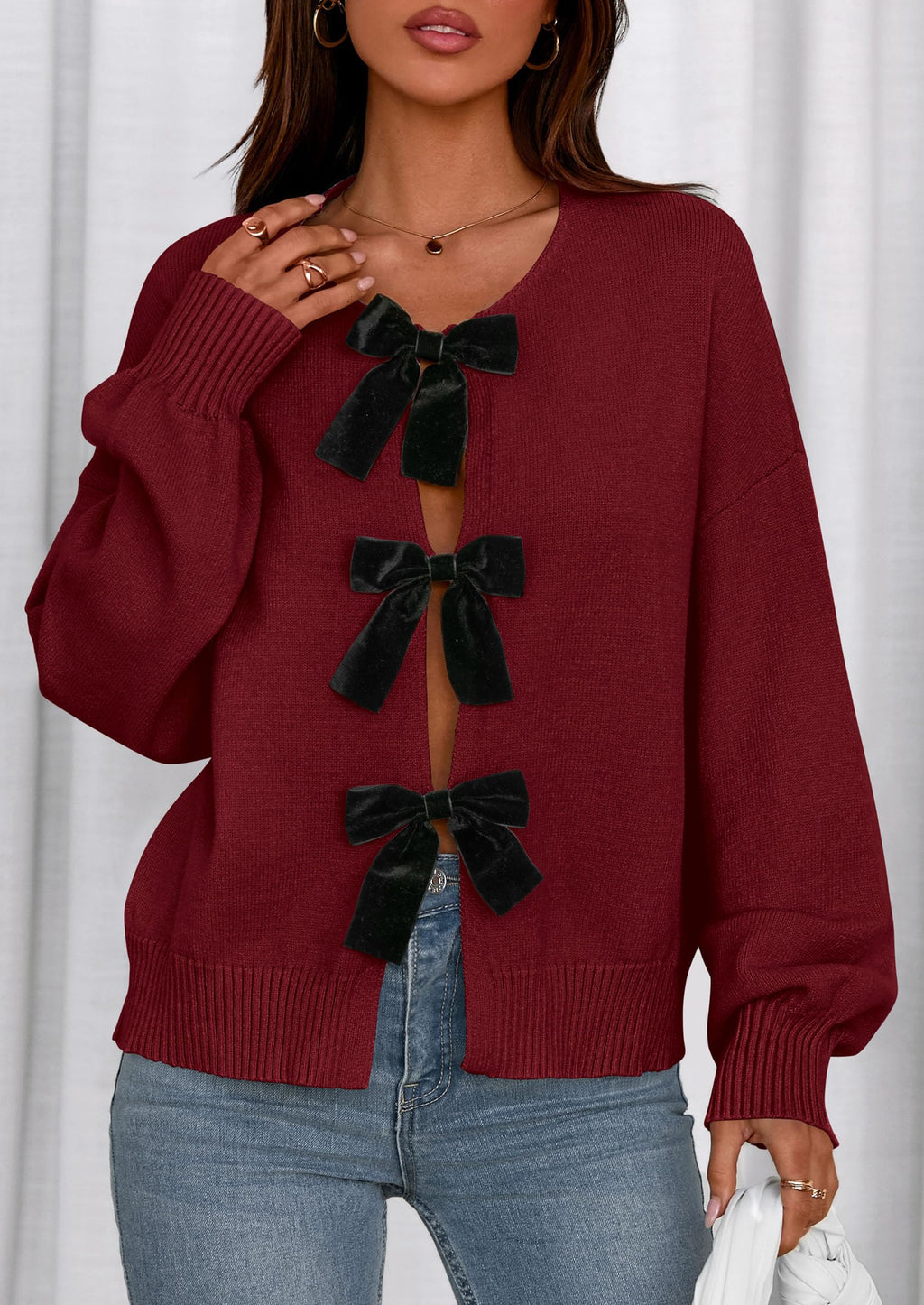 PRETTYGARDEN Cardigan Sweaters for Women Fall Fashion Bow Tie Front Long Sleeve Knit Sweater Tops Cute Winter Clothes