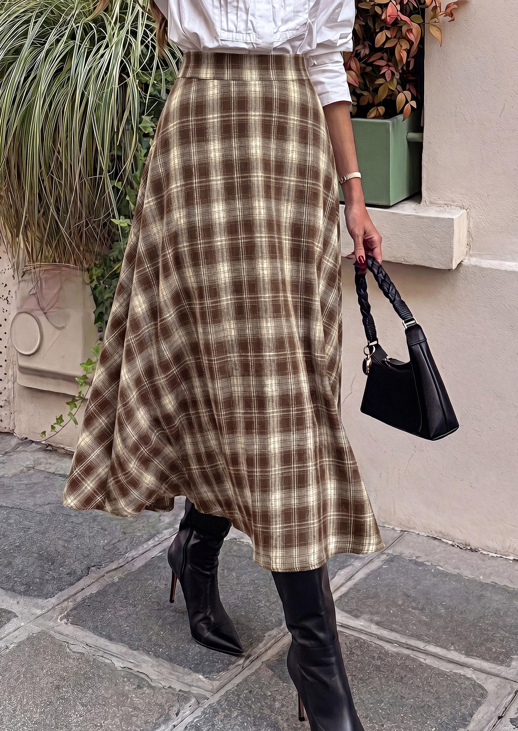 PRETTYGARDEN Women's Plaid High Waisted A-Line Midi Skirts