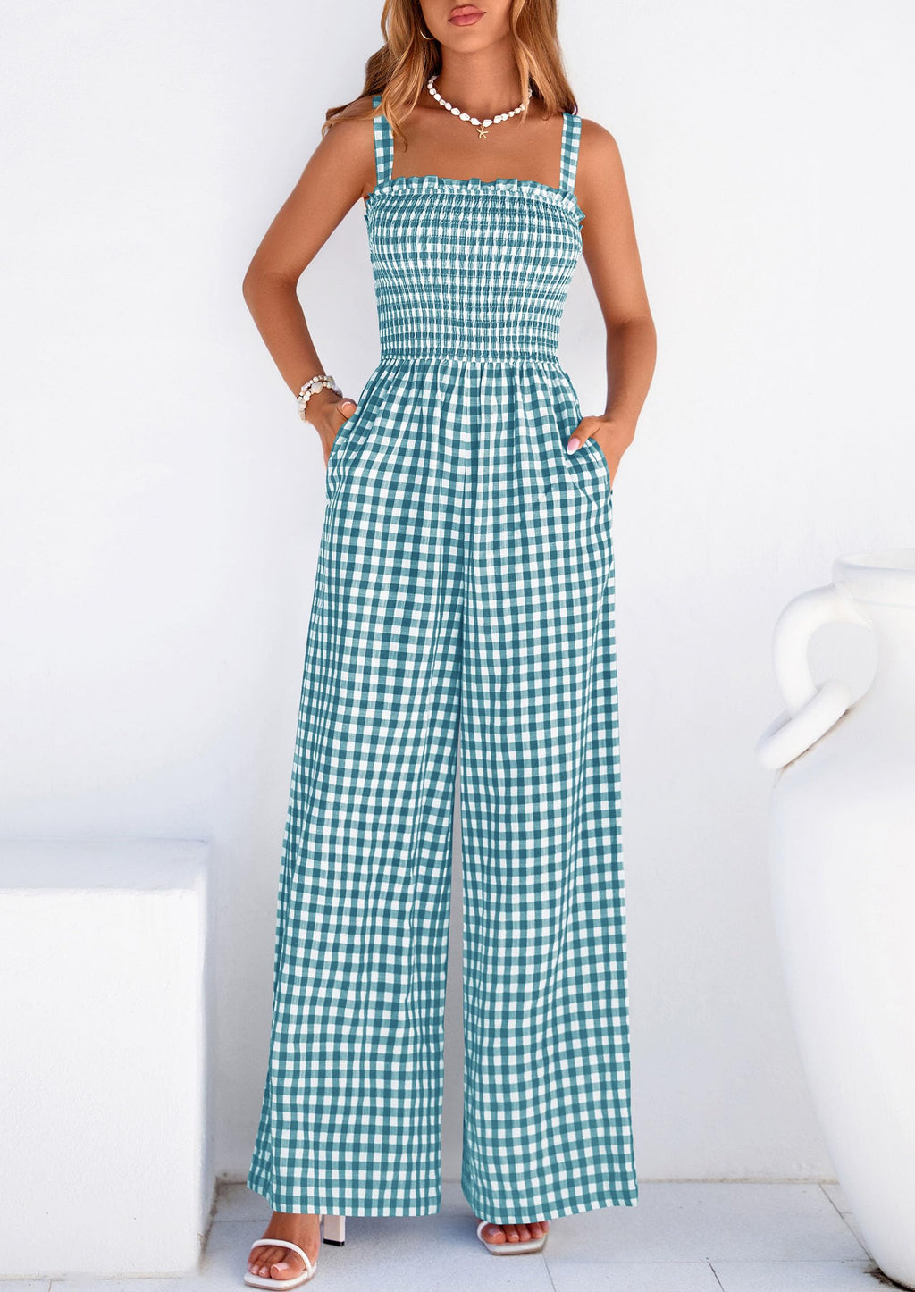 PRETTYGARDEN One Piece Jumpsuits for Women Casual Summer Cruise Outfits  Spring Fashion Smocked Wide Leg Gingham Rompers