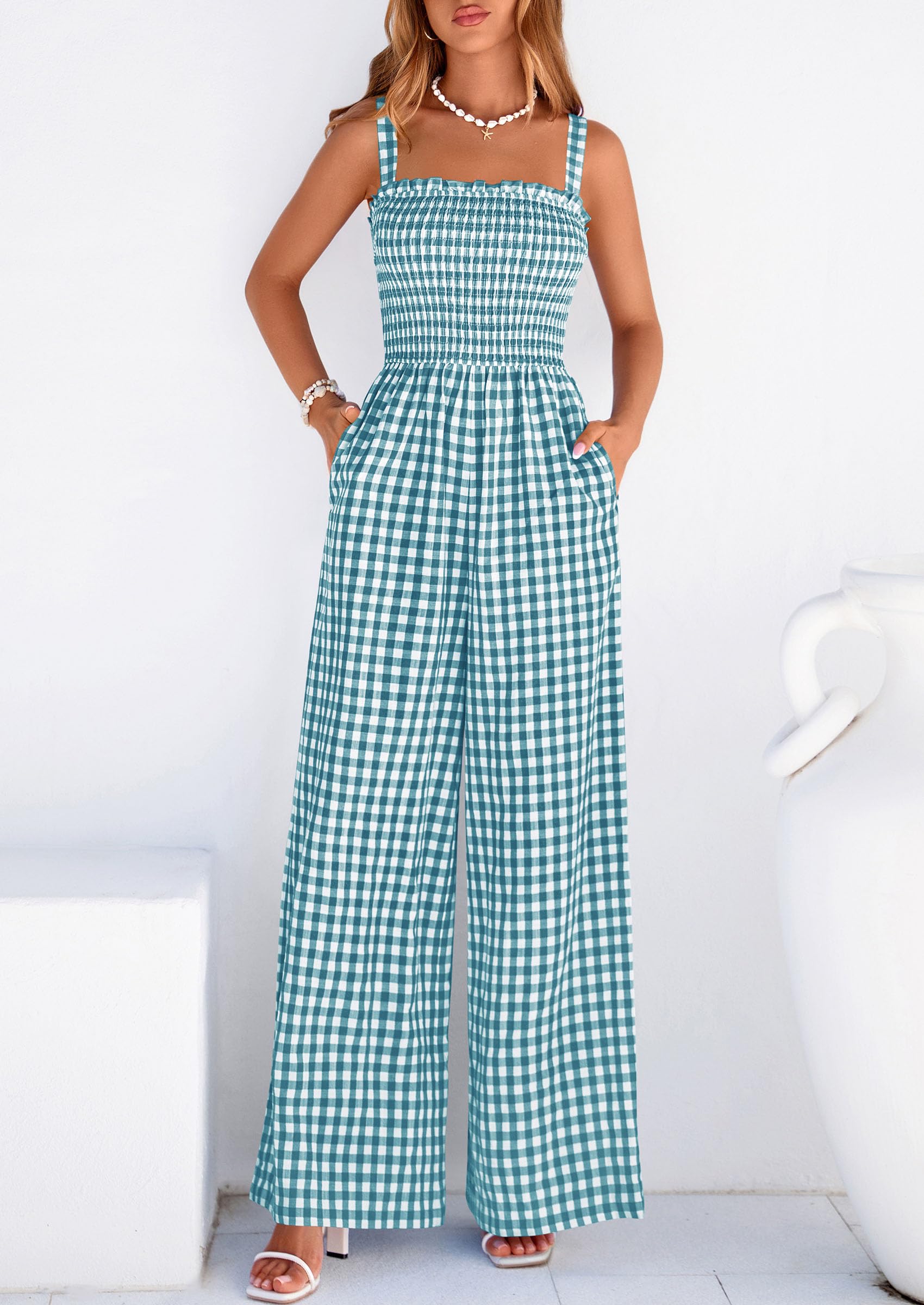 PRETTYGARDEN One Piece Jumpsuits for Women Casual Summer Cruise Outfits  Spring Fashion Smocked Wide Leg Gingham Rompers