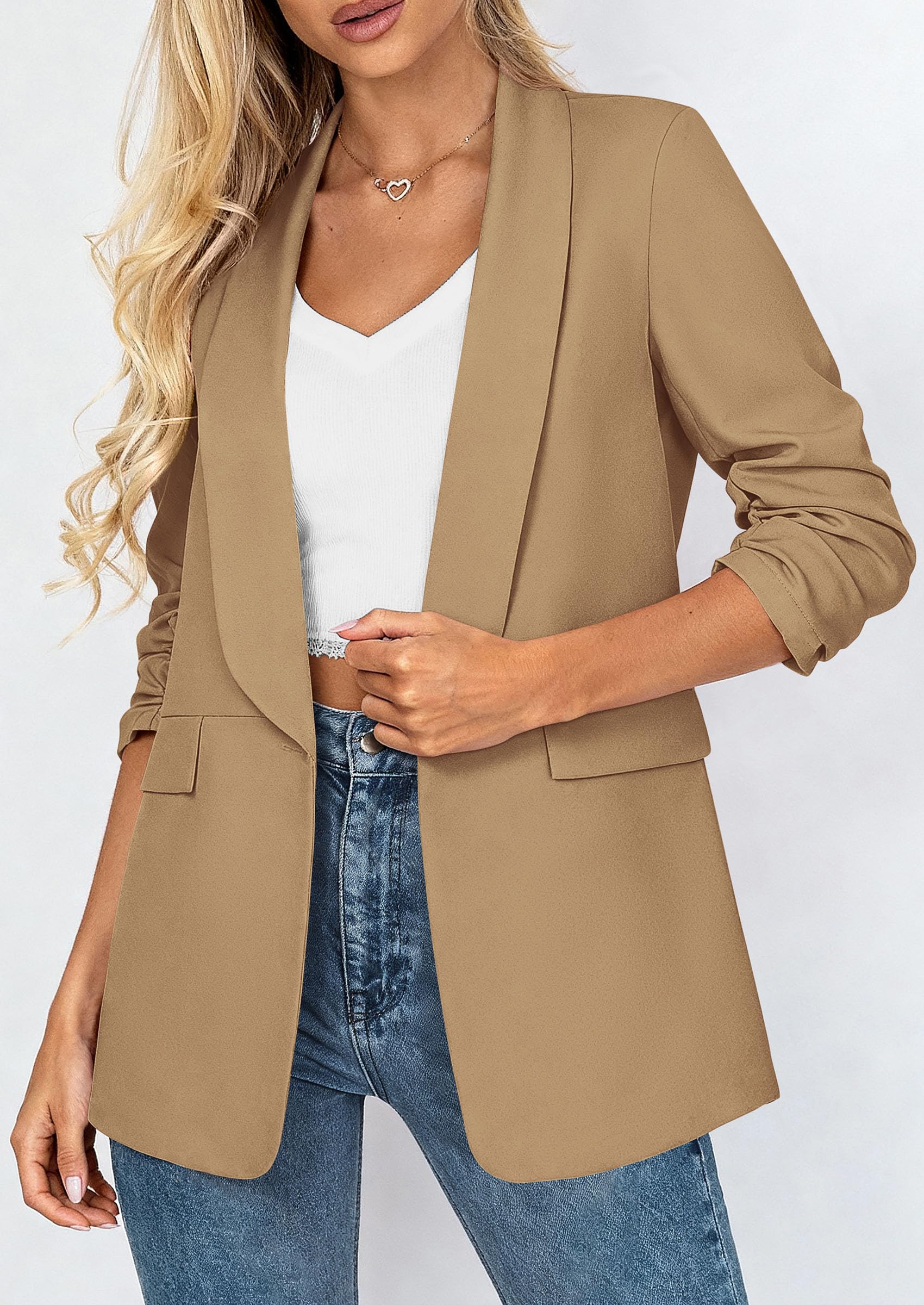 PRETTYGARDEN Women's Summer Blazers Business Casual Outfits | Ruched 3/4 Sleeve,Shawl Lapel,Collared Open Front,Padded Shoulder,Lightweight Jackets,Office Work Suits,Spring Fall Clothes