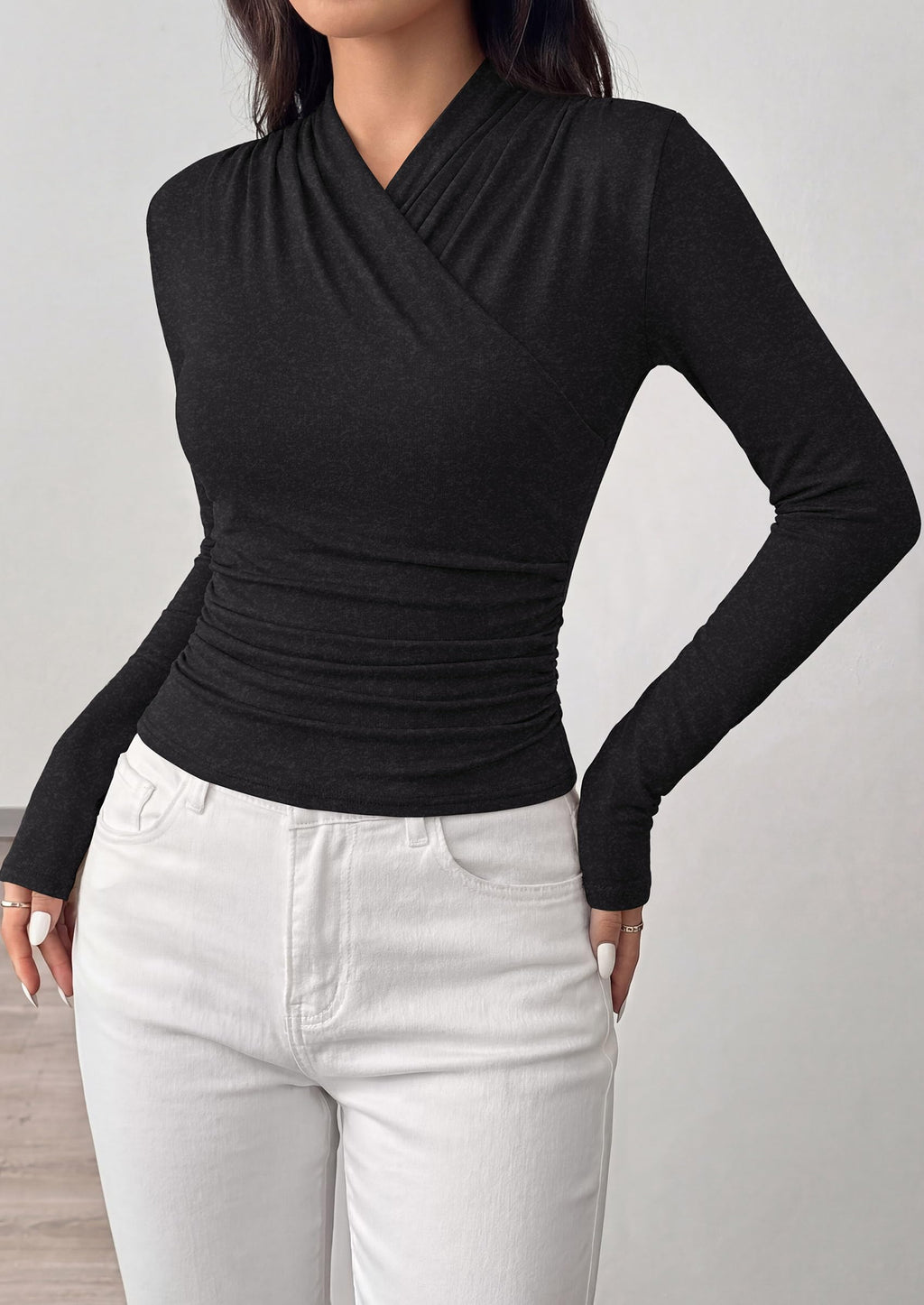 PRETTYGARDEN Womens Long Sleeve Shirts Going Out Wrap Top | Soft Heathered Stretchy Viscose Fitted Blouse, V Neck Ruched Waist Dressy Tops, Office Business Casual Fall Winter Daily Wear