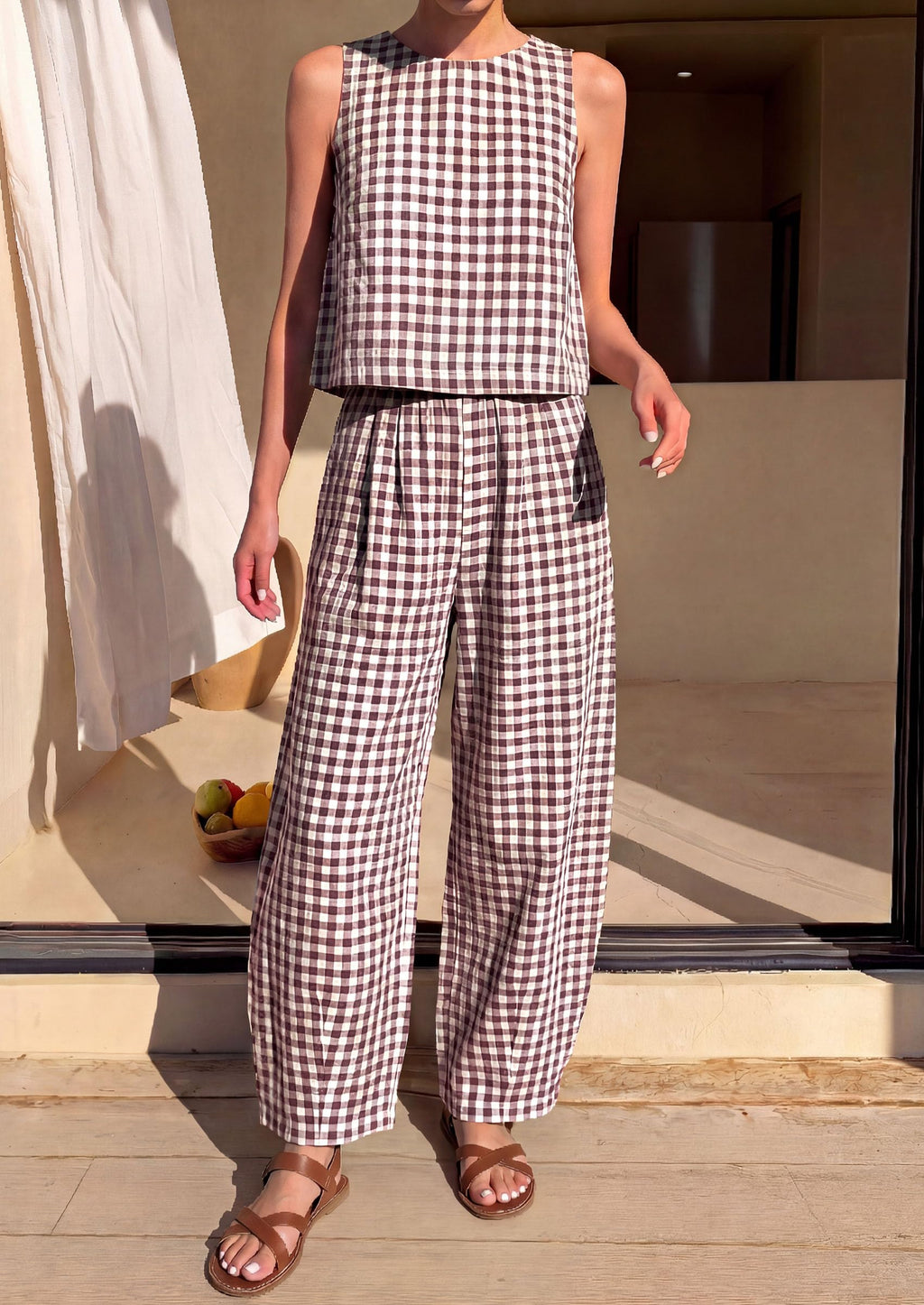 PRETTYGARDEN Womens 2 Piece Sets Summer Plaid Sleeveless Tops Wide Leg Pants Matching Lounge Set Beach Vacation Outfits