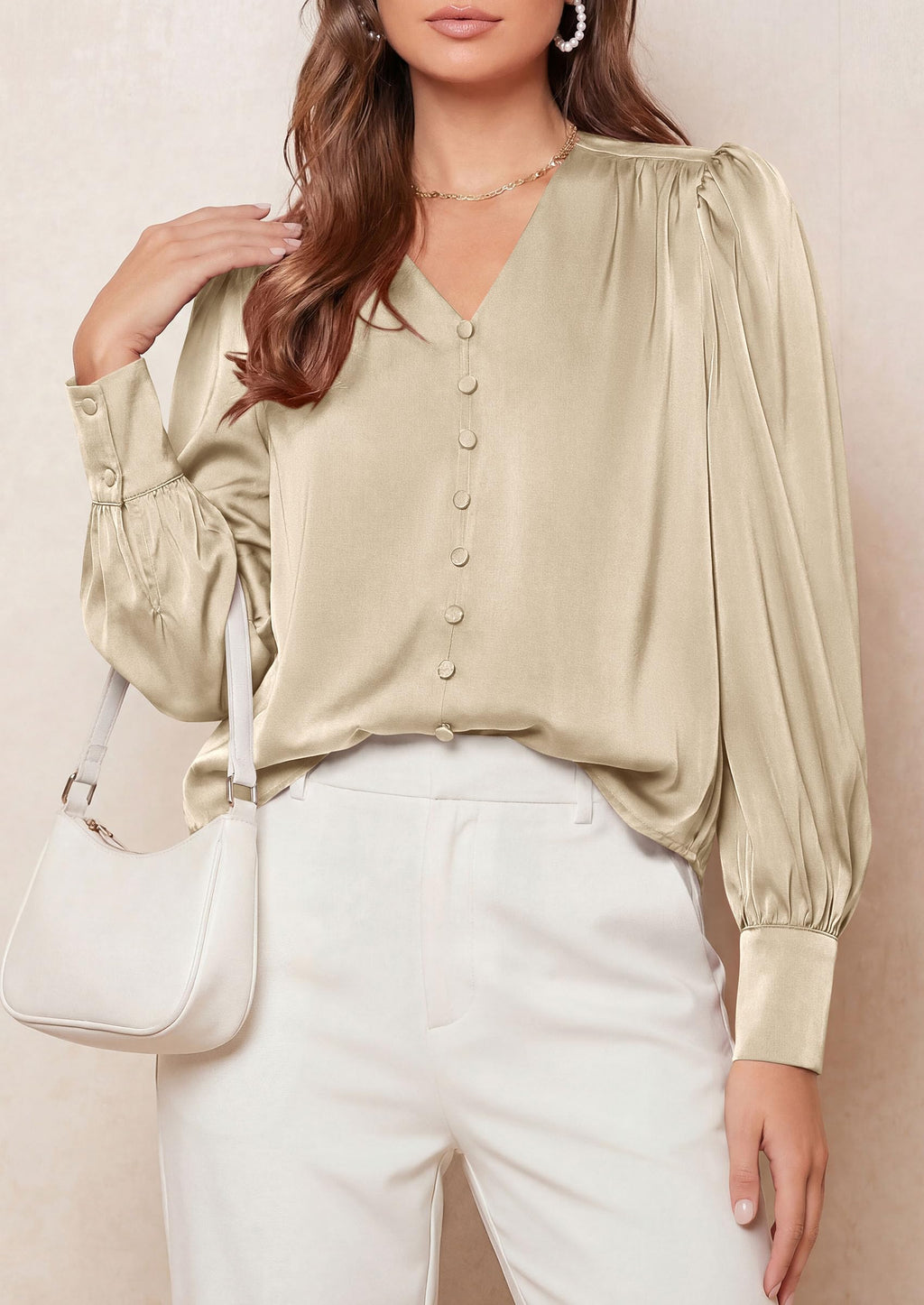 PRETTYGARDEN Satin Long Sleeve Womens Blouses Dressy Casual | Glossy Smooth Silk Fabric,Lantern Sleeve Fall Tops,Decorative Button Pullover,V Neck Shirts,Office Work Business Outfits