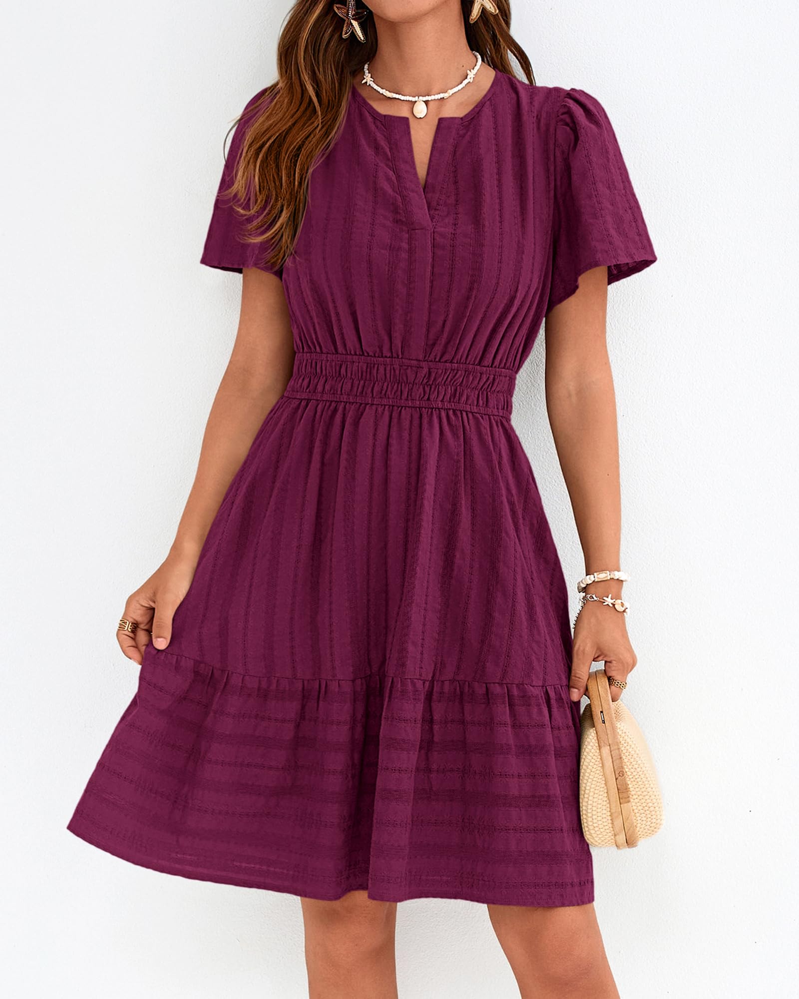 BTFBM Womens Spring  Casual Mini Dresses Lightweight Short Sleeve V Neck Elastic Waist Cute Boho Beach Dress Pockets