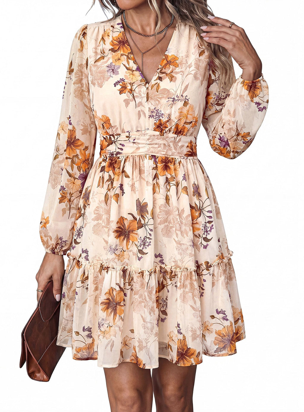 PRETTYGARDEN Women Floral Long Sleeve Mini Dress | Fall Wedding Guest Dresses, V Neck, Fit & Flare, Ruffle Hem A-Line, Short Chiffon Dress, Elegant Holiday Party, Date Outfits