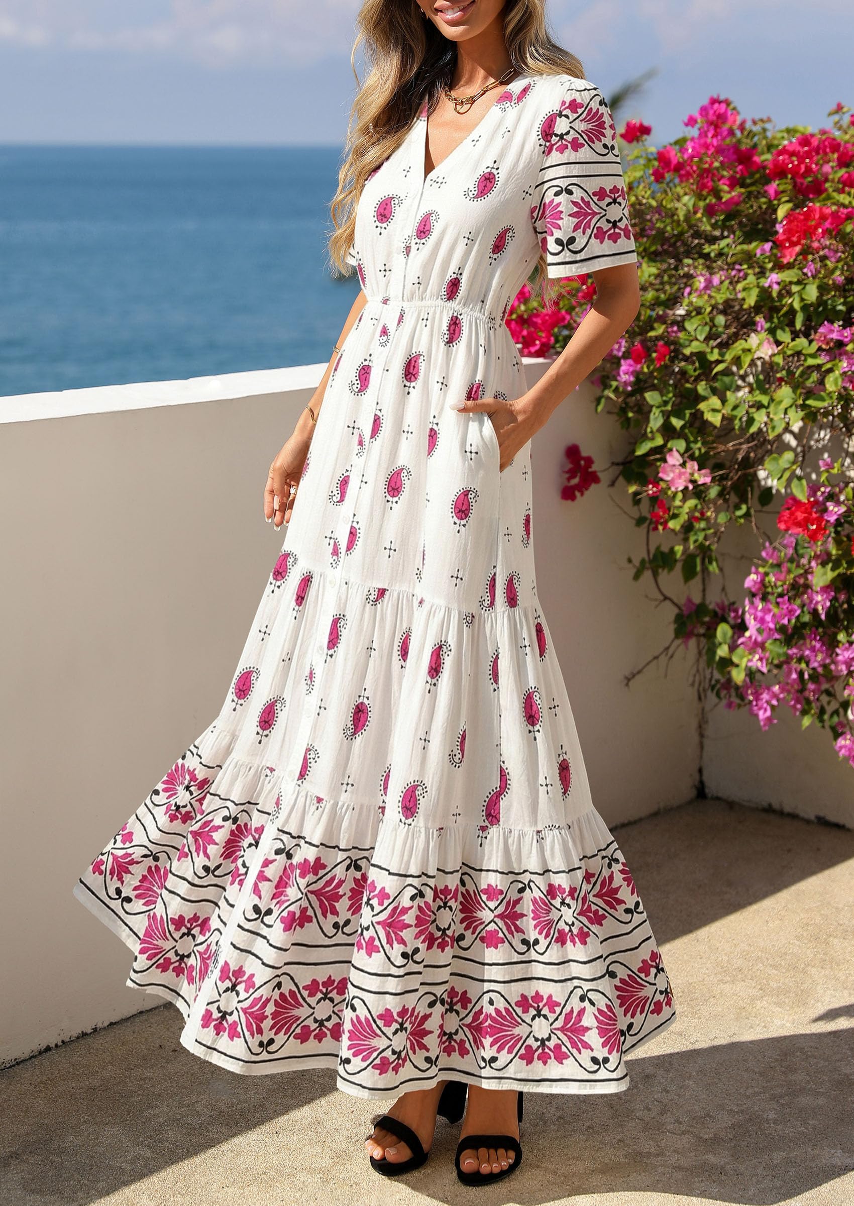 PRETTYGARDEN Womens Summer Boho Maxi Dress Trendy Short Sleeve V Neck Flowy Beach Floral Dresses with Pockets
