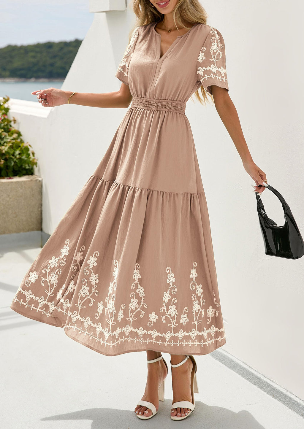 PRETTYGARDEN Women's Summer Boho Maxi Dress Spring Floral Short Sleeve V Neck A Line Flowy Beach Wedding Guest Dresses