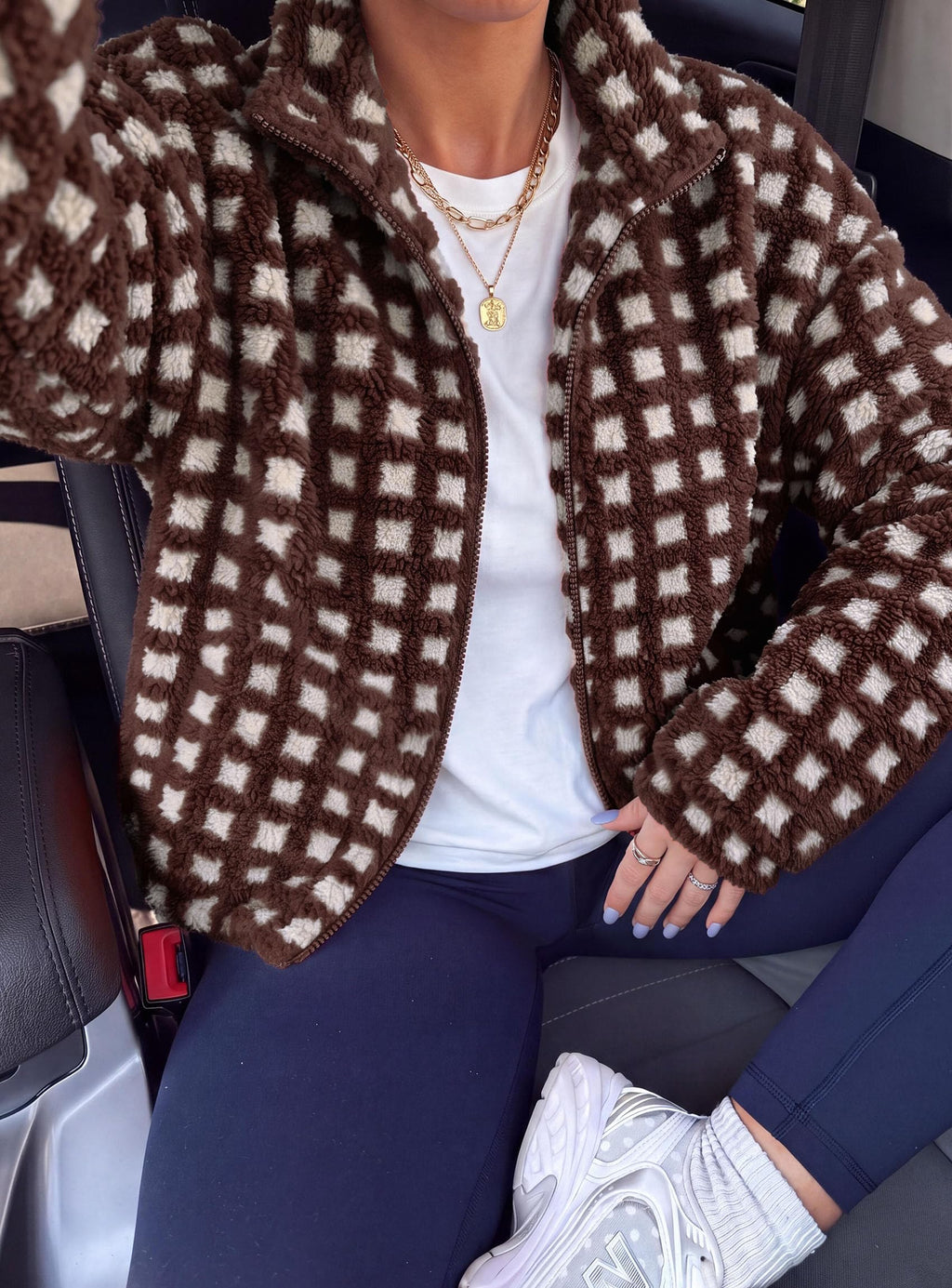 PRETTYGARDEN Women's Gingham Sherpa Fleece Jacket Plaid Cropped Teddy Coat Trendy Y2K Winter Jacket, Zip Up Stand Collar, Side Pockets, Fall Outfit for Casual Daily, Going Out, Streetwear, Outdoor