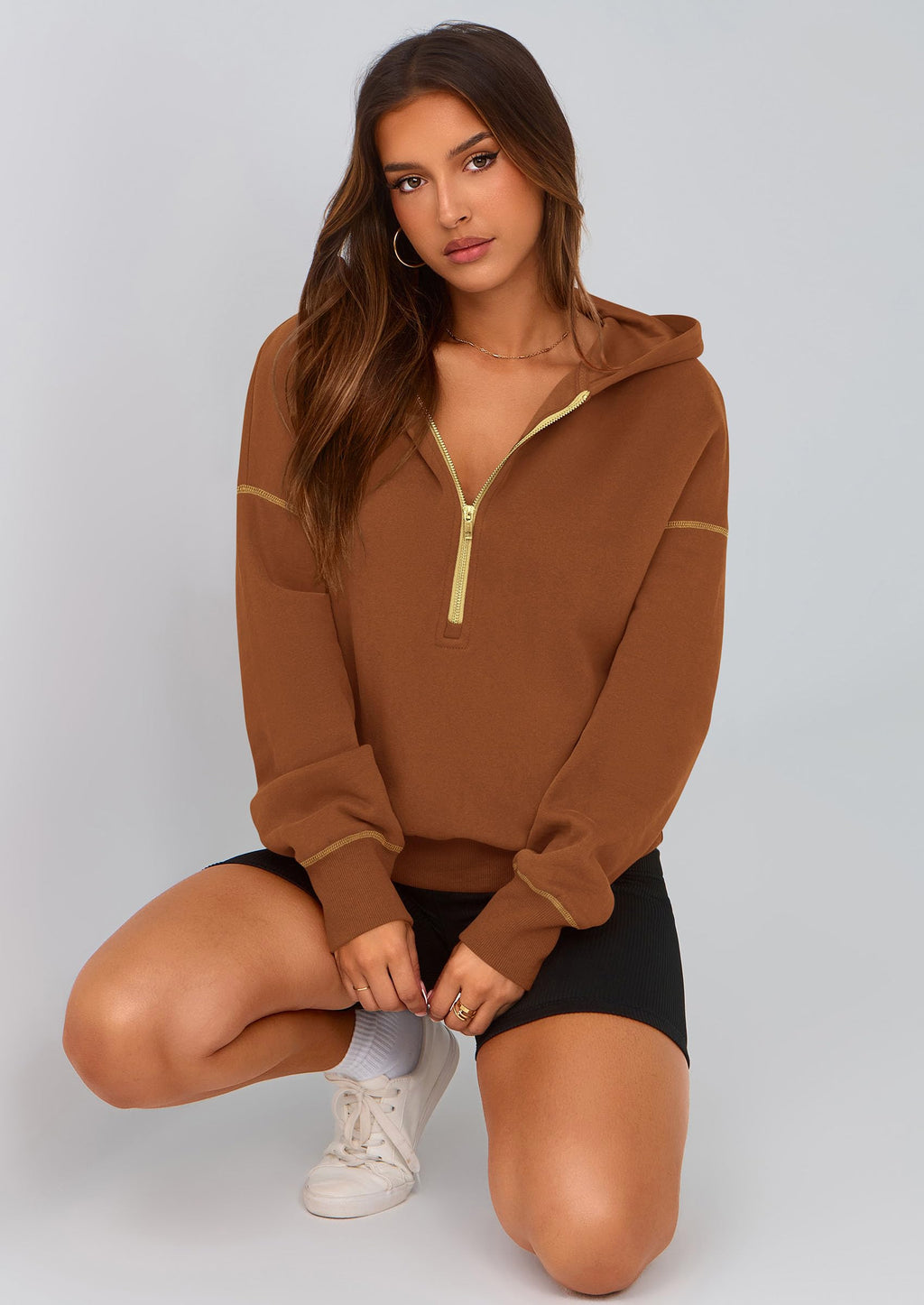 PRETTYGARDEN Women's  Fall Hooded Sweatshirts Long Sleeve Half Zip Cropped Hoodies Pullover Winter Fashion Clothes